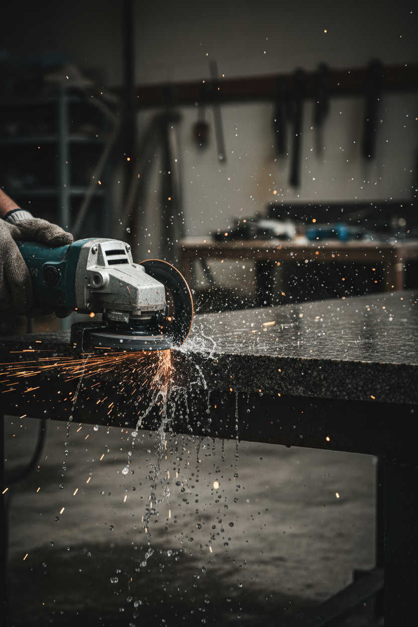 Angle grinder with diamond blade cutting granite countertop — wet cutting with water mist for silica dust control