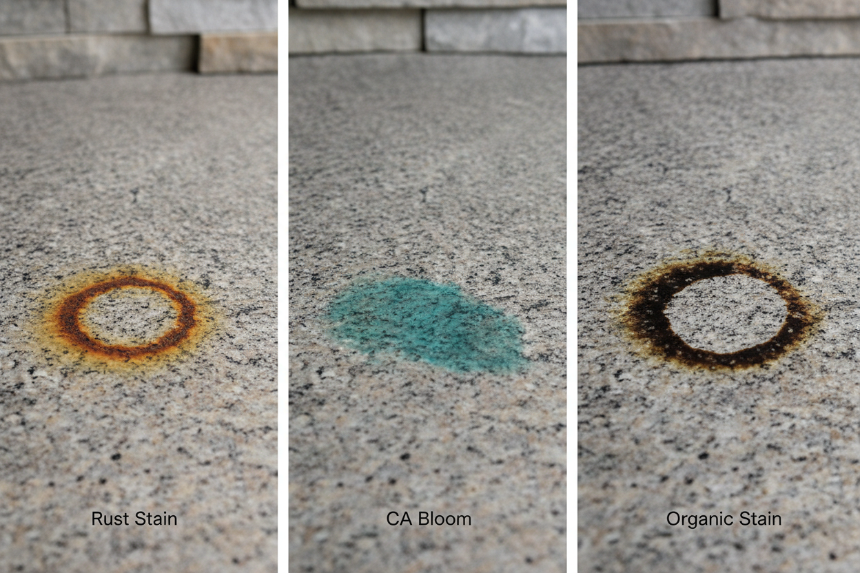 Example of oil, rust and green stains on a countertop