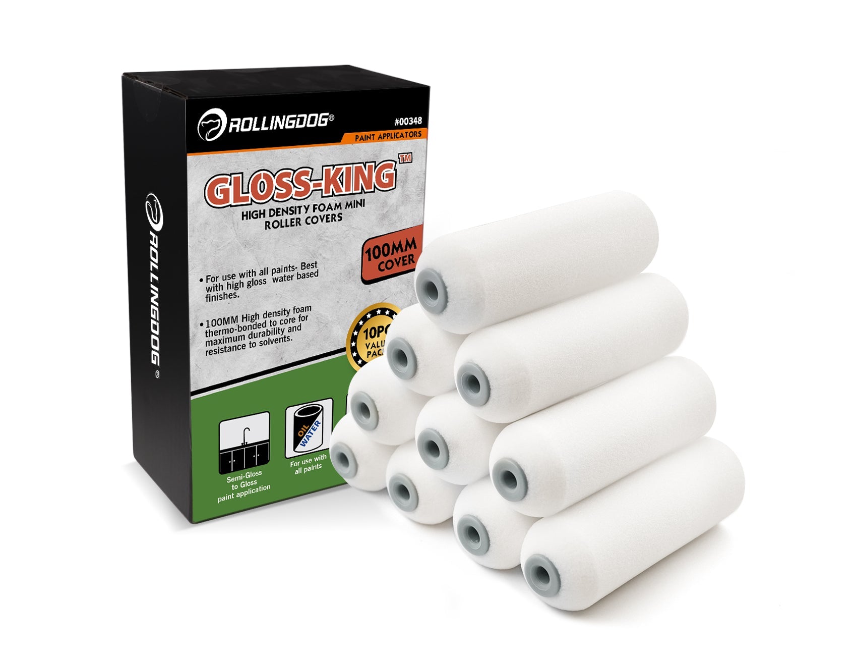 ROLLINGDOG USA GLOSS-KING™ High Density Foam Mini Roller Covers – Smooth High-Gloss Finishes (Multiple Size & Quantity Opt...