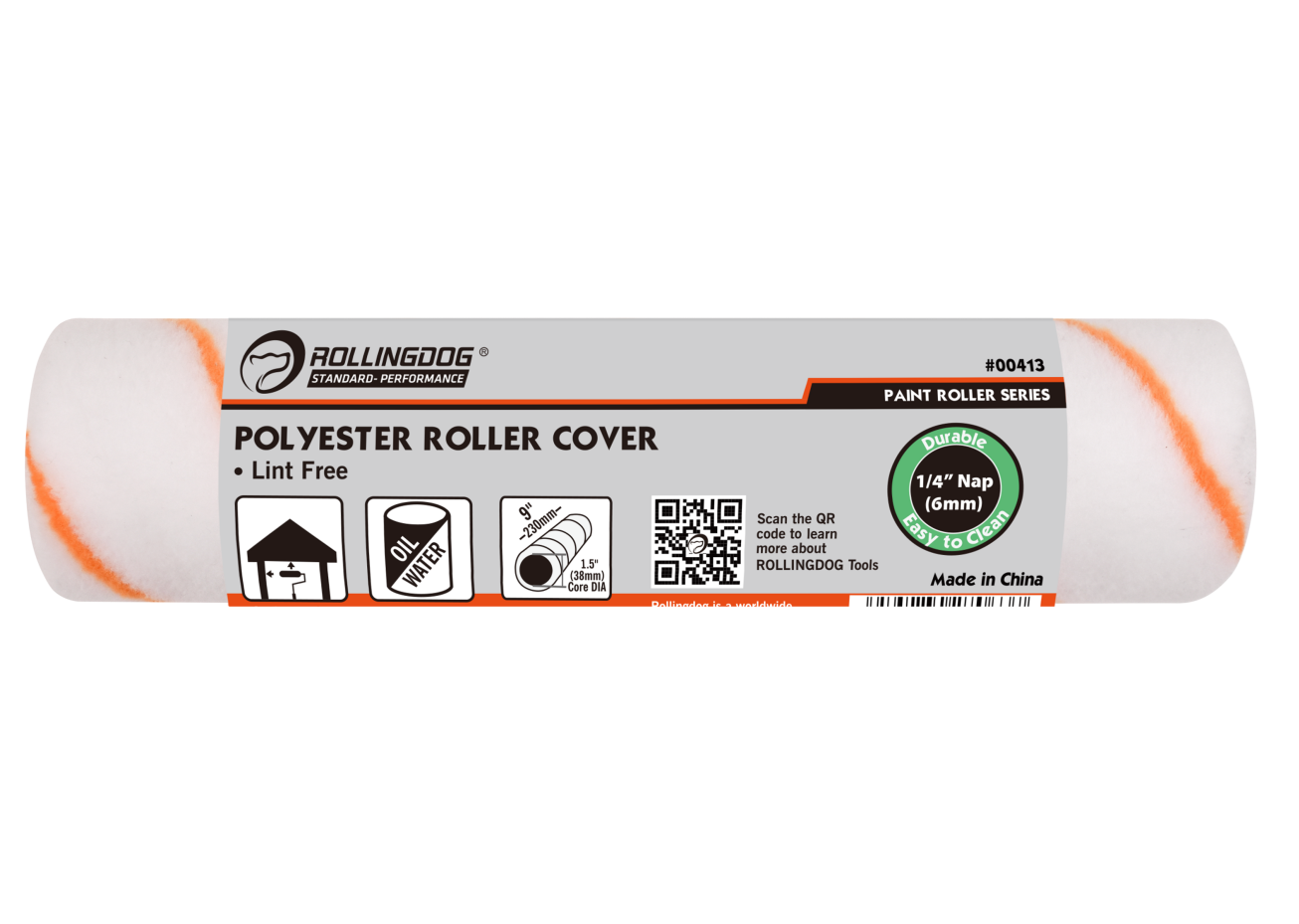 00413-9" polyester roller cover with 1/4" nap for smooth surfaces
