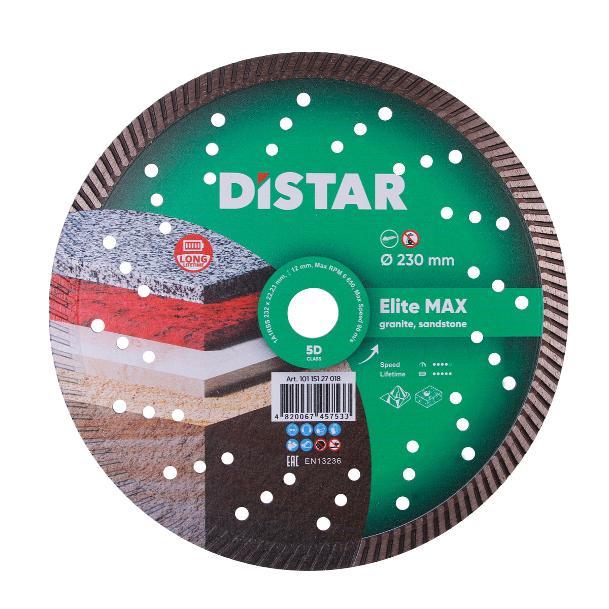 A diamond cutting blade with green coloring and the text 'DISTAR', 'Elite MAX', and '230 mm' displayed on it.