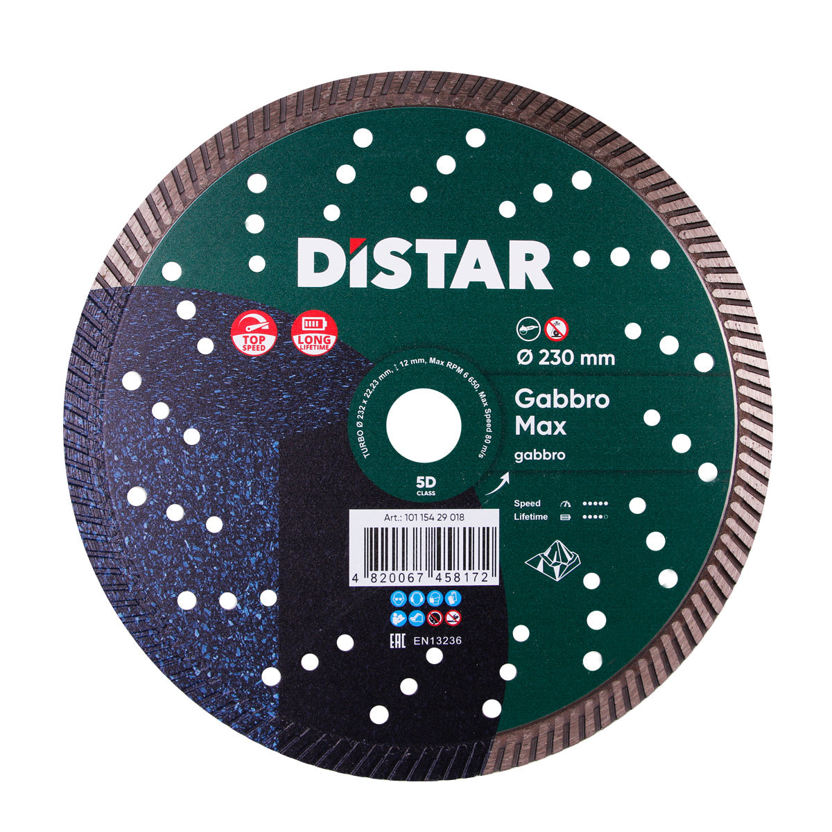 A Distar branded diamond cutting blade, with a green label indicating it is a 'Gabbro Max' model, 230 mm in diameter, with a turbo design for cutting granite.