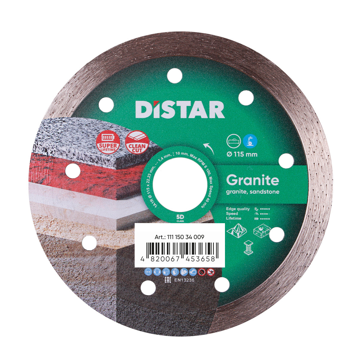 Diamond blade for cutting granite, with green label and multiple holes for different saw sizes.