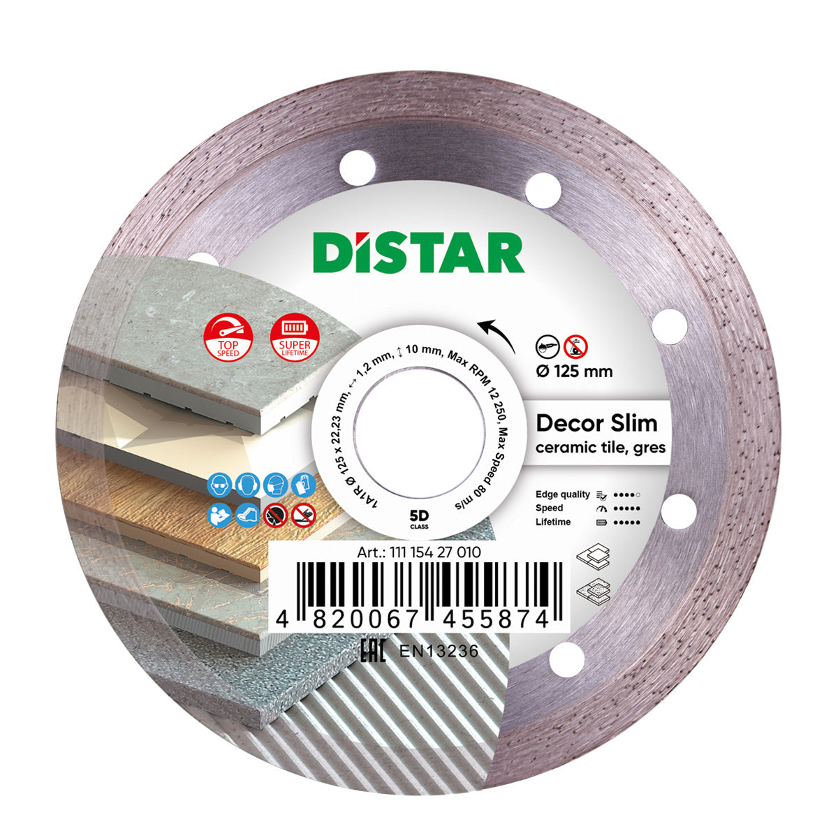 Diamond blade with the brand name DISTAR, model DECOR SLIM 5D, diameter 115 mm, with an image of tiles on the blade surface, indicating its use for cutting ceramic and porcelain tiles.