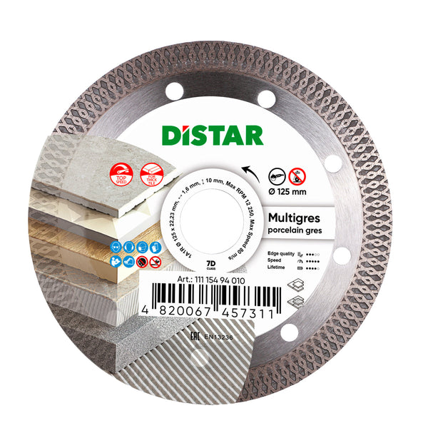 Diamond cutting blade with the brand name DISTAR, designed for cutting porcelain gres and ceramic tiles, featuring a thin diamond layer, and standard mounting hole.