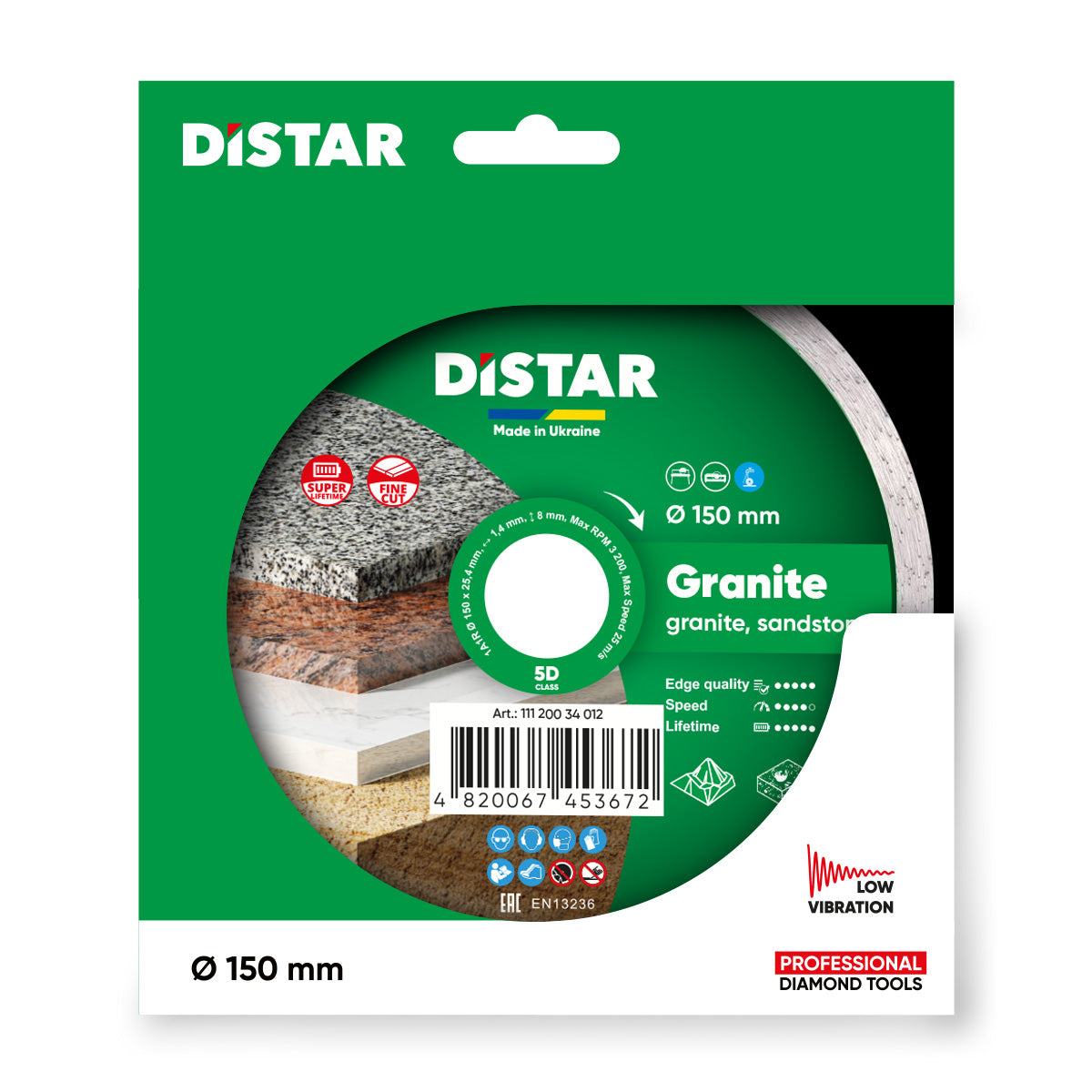 Distar diamond blade packaging for granite on a white background