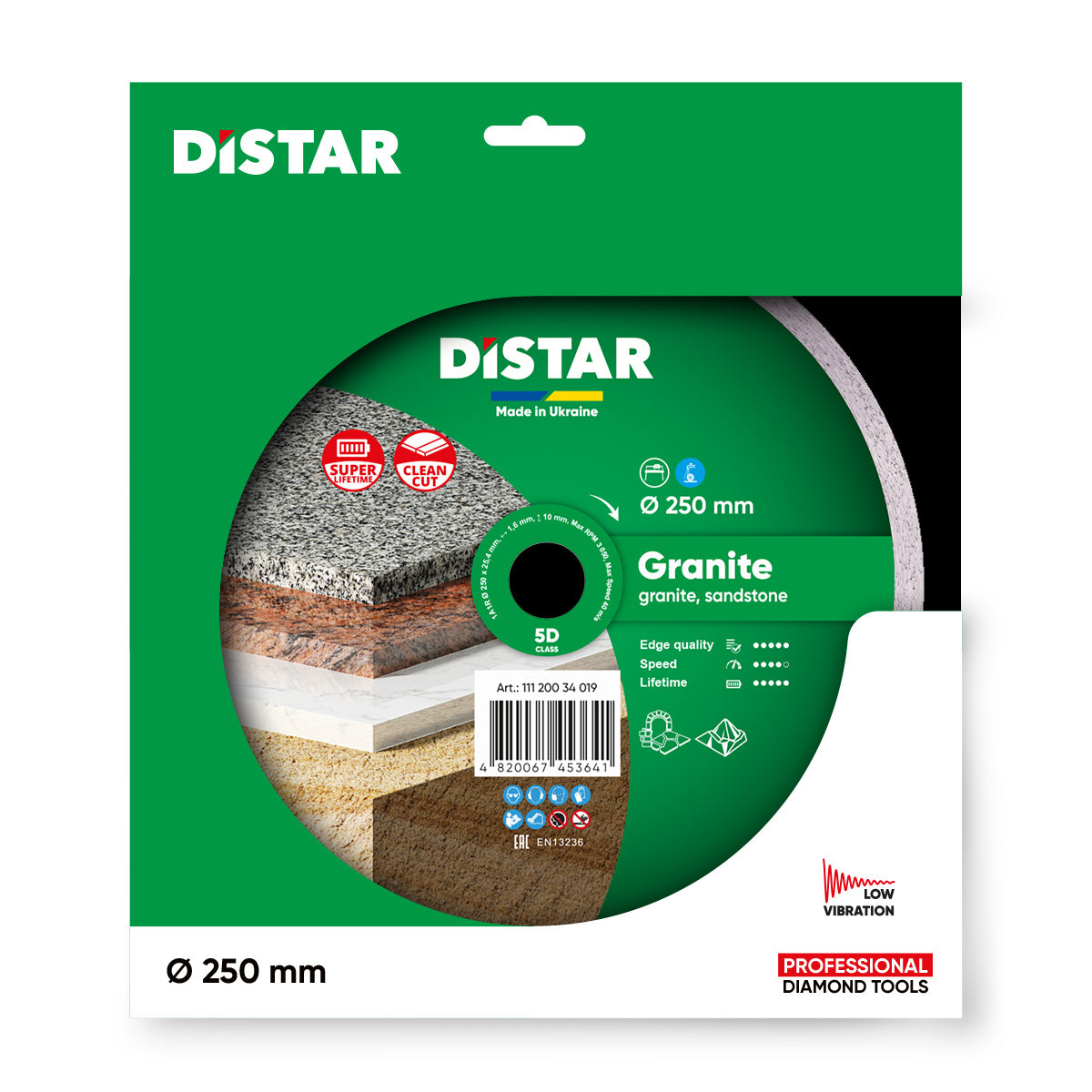 Distar diamond disc packaging for granite and sandstone with green and white design.