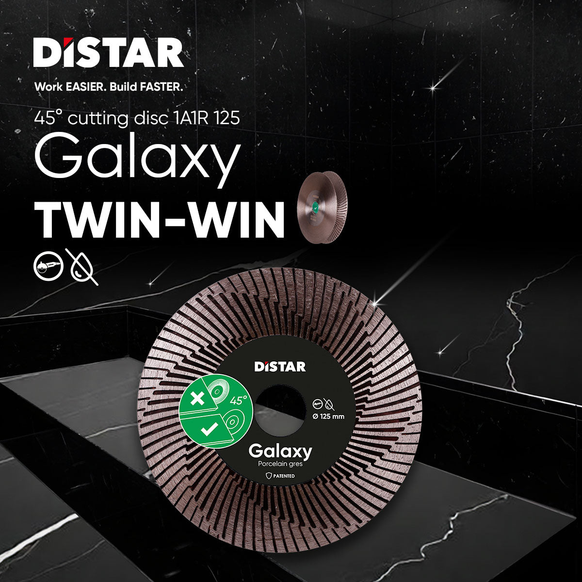 Distar Galaxy Twin-Win cutting disc on a dark background with brand logo and text.