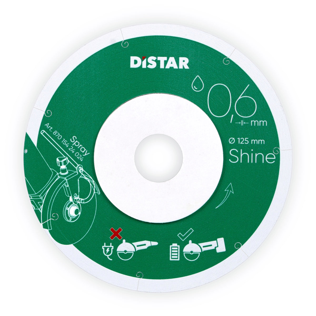 A green and white diamond blade with the brand name Distar and product information on it, specifically 0.6 mm thickness and 125 mm diameter.