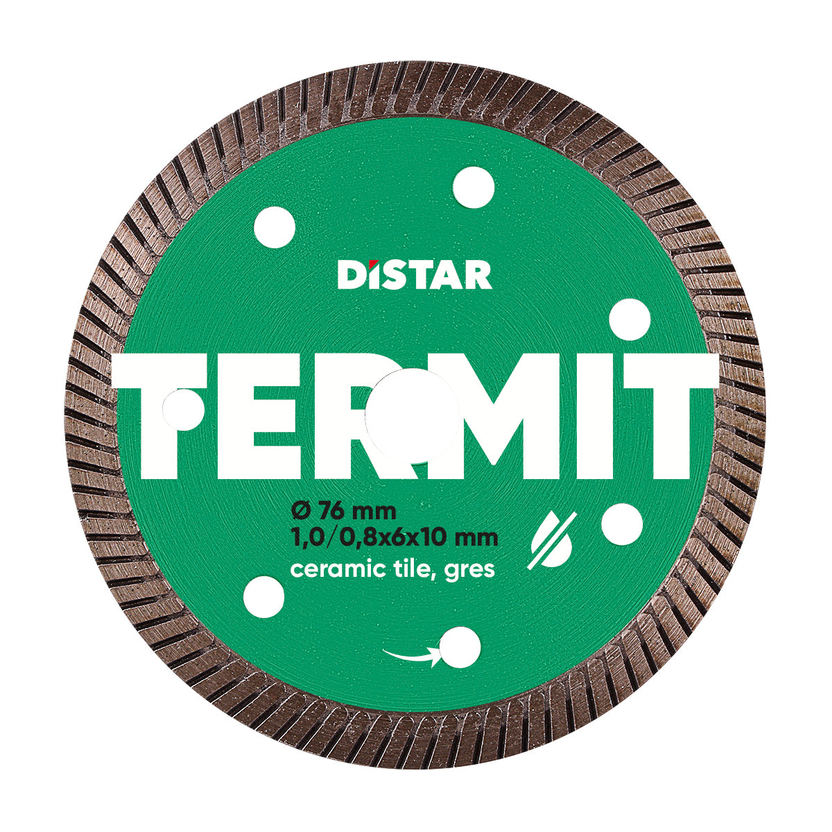 A green and white product label for Distar 'TERMIT 76 mm' diamond cutting disc, indicating its diameter and 1.0 mm thickness, primarily for cutting ceramic tile.
