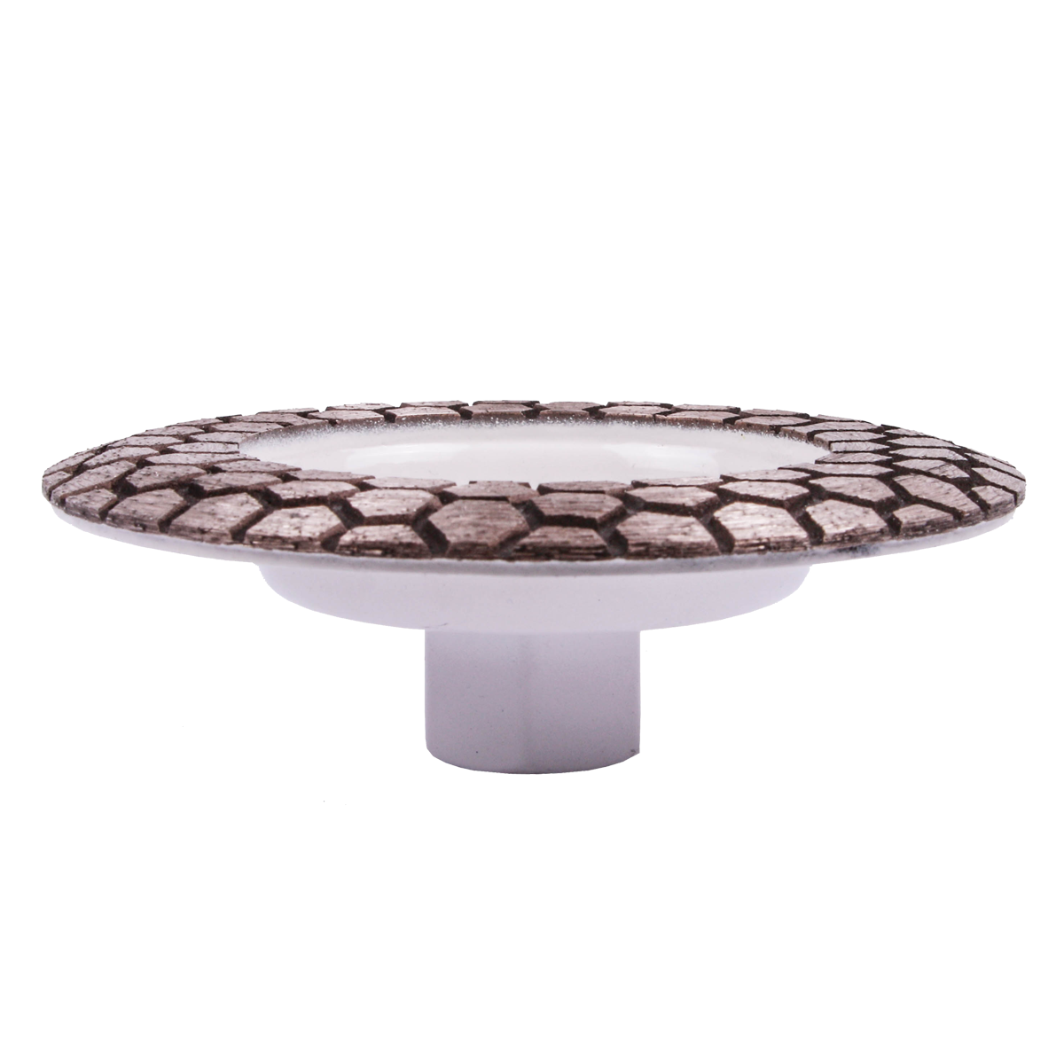 Decorative cake stand with patterned top and white base on a white background
