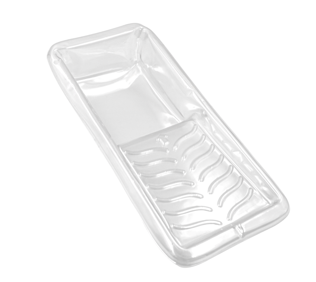 Durable 4-inch PET paint tray liners, 5-piece set, angled view