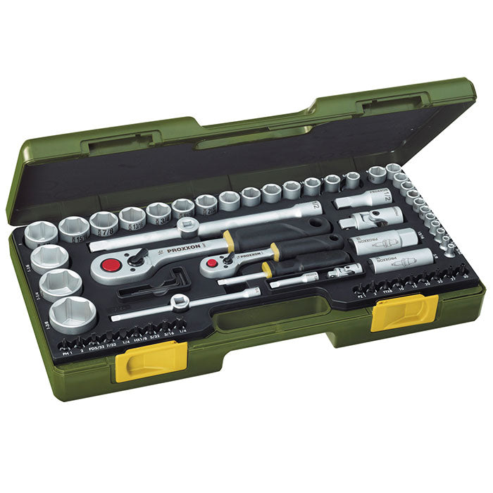 Proxxon 65-piece complete set for imperial sizes with 1/4" and 1/2" baton ratchets | proxxon socket set | Pro Tool Haus