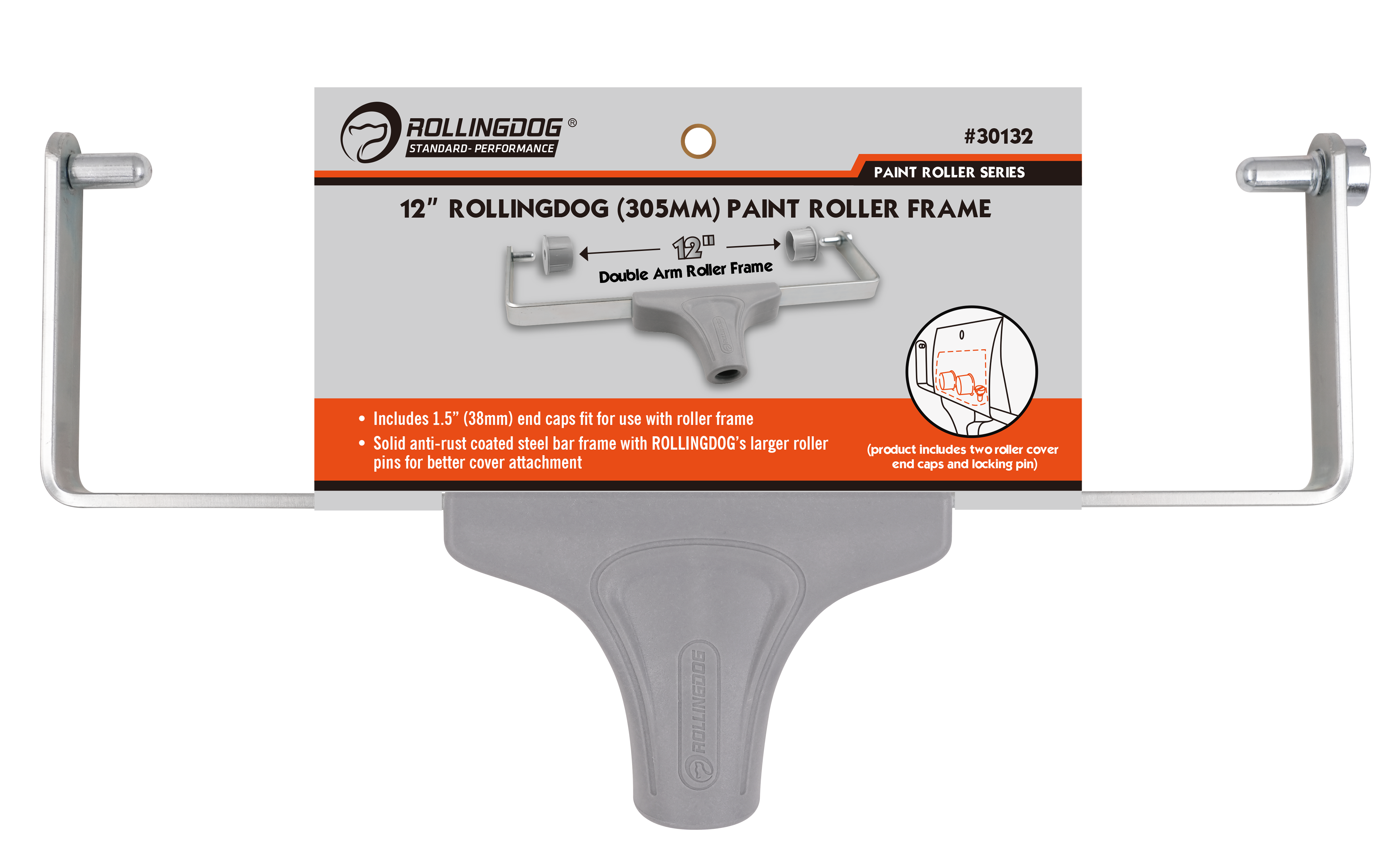 ROLLINGDOG USA 12" Standard Paint Roller Frame – Anti-Rust Steel Frame with 1.5" End Caps | Detail View | Pro Tool Haus