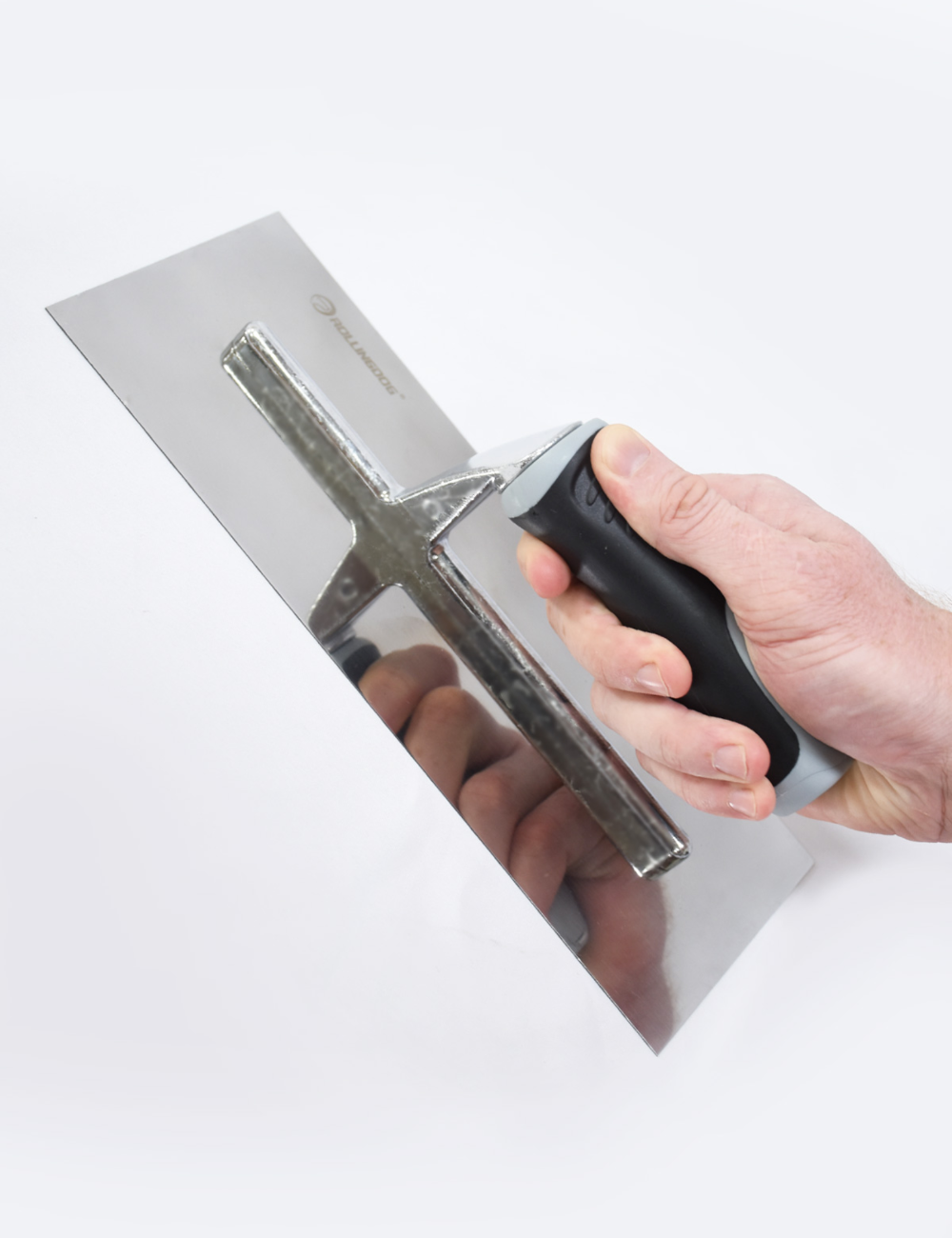50100-Angled view of 11-inch finishing trowel stainless steel blade