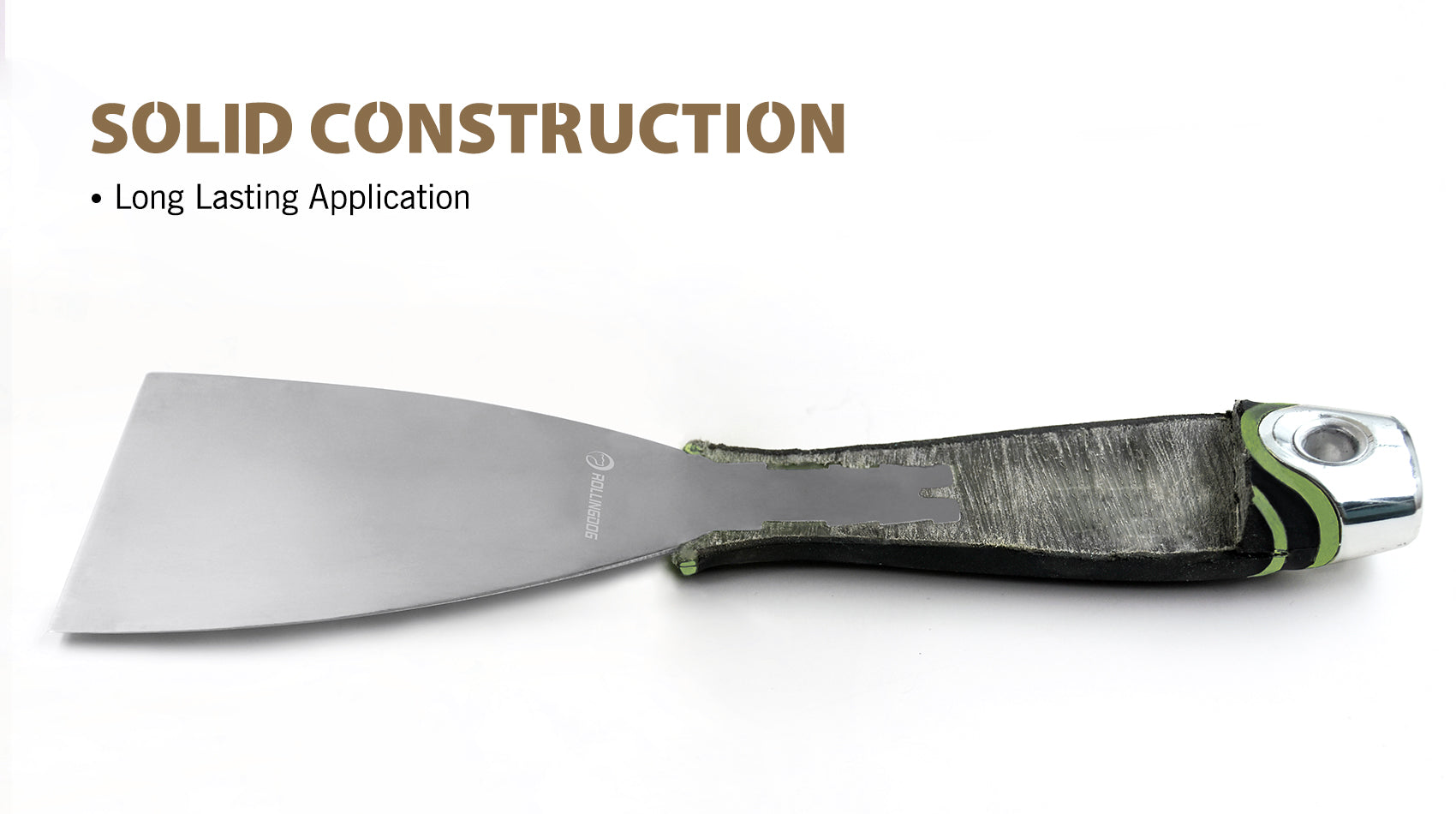 Metal spatula with a black handle on a white background, featuring text about solid construction and long-lasting application.