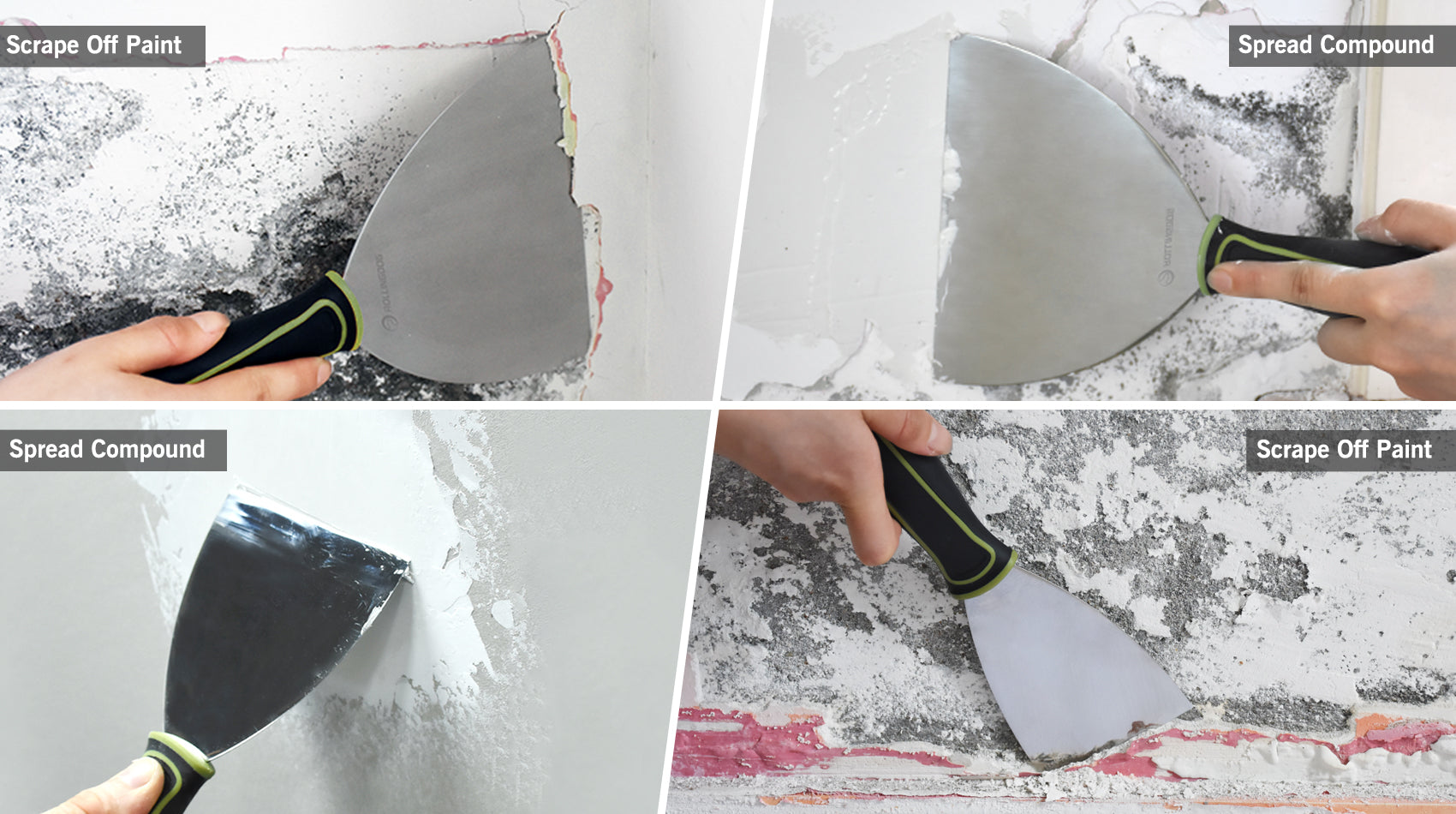 Step-by-step process of using a putty knife to scrape off paint and spread compound on a surface.