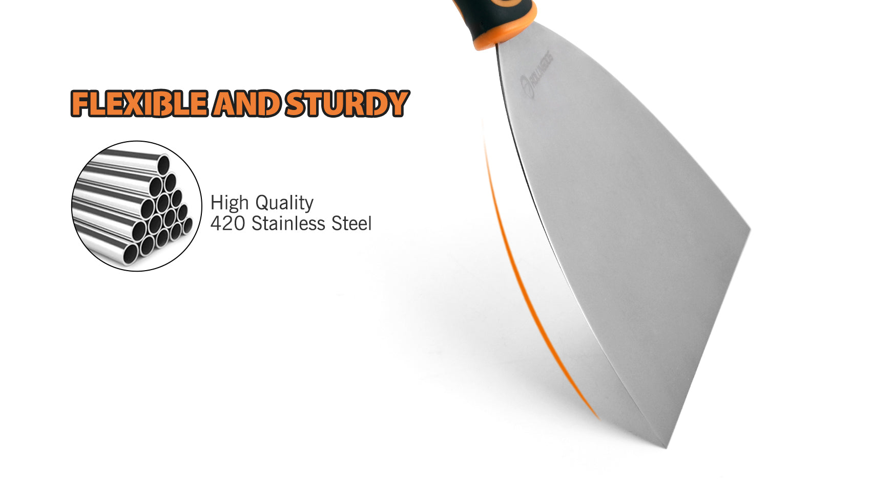 Putty knife with high-quality 420 stainless steel and text highlighting its features on a white background.