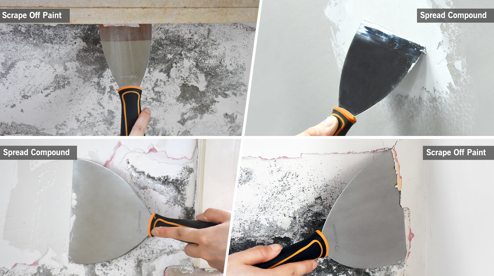 Step-by-step process of using a putty knife to scrape off paint and spread compound on a surface.