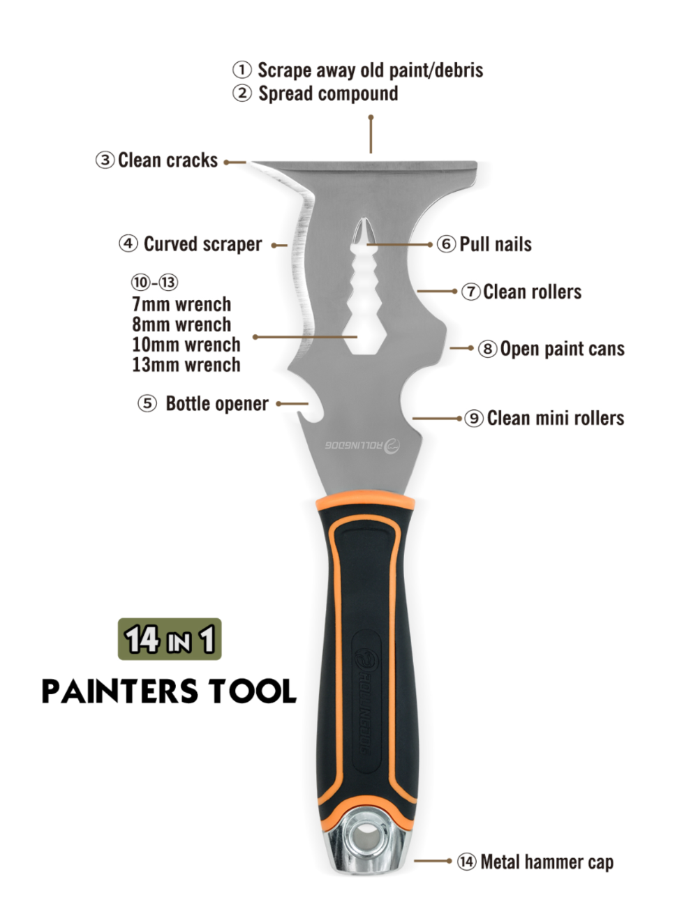50417-specs of 14 in 1 Painter’s Multi Tool with stainless steel blade and ergonomic grip