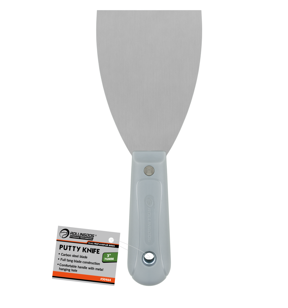 Putty knife with a gray handle and metal blade, featuring a label on a white background.