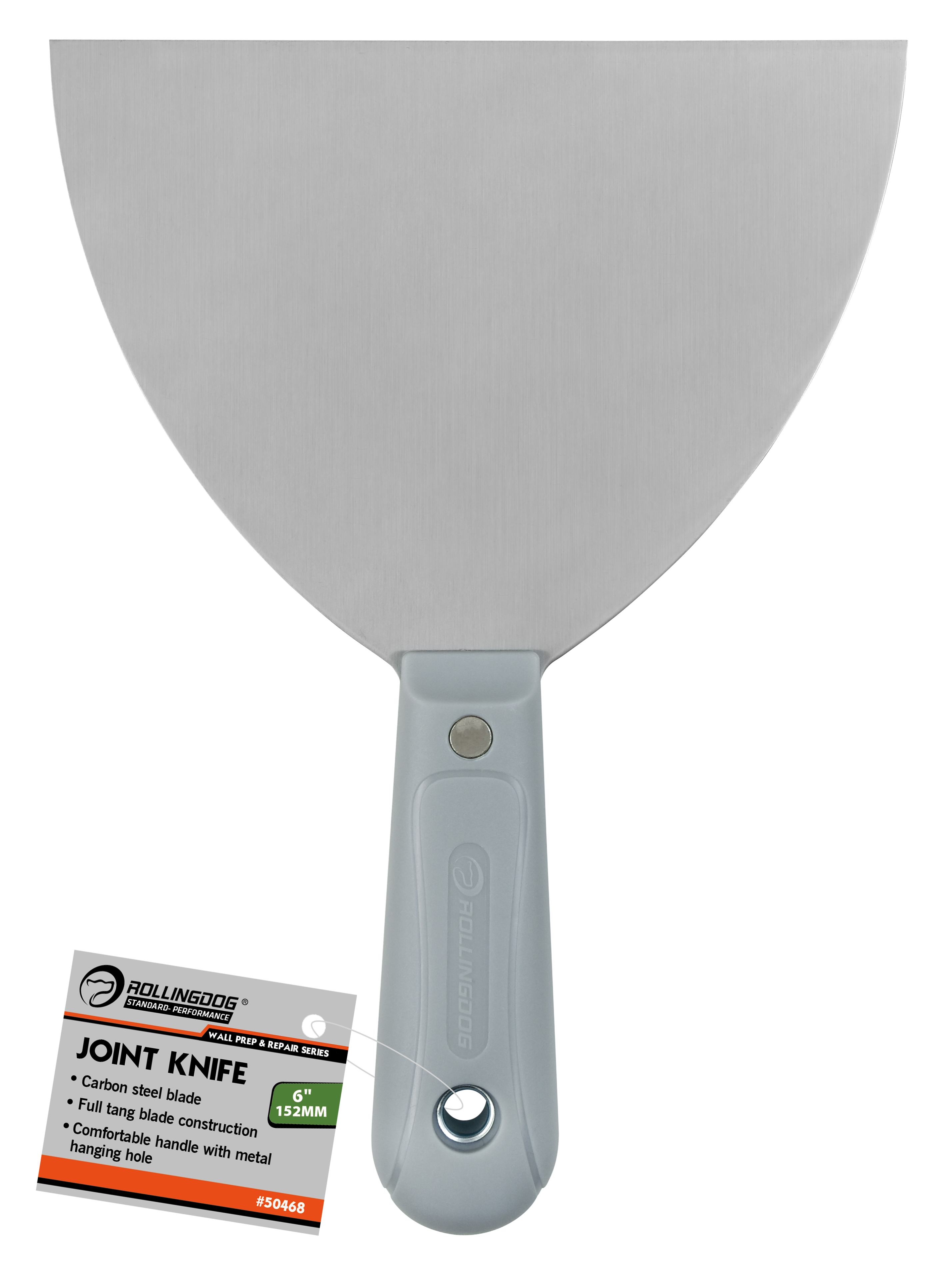 Gray putty knife with a handle on a white background