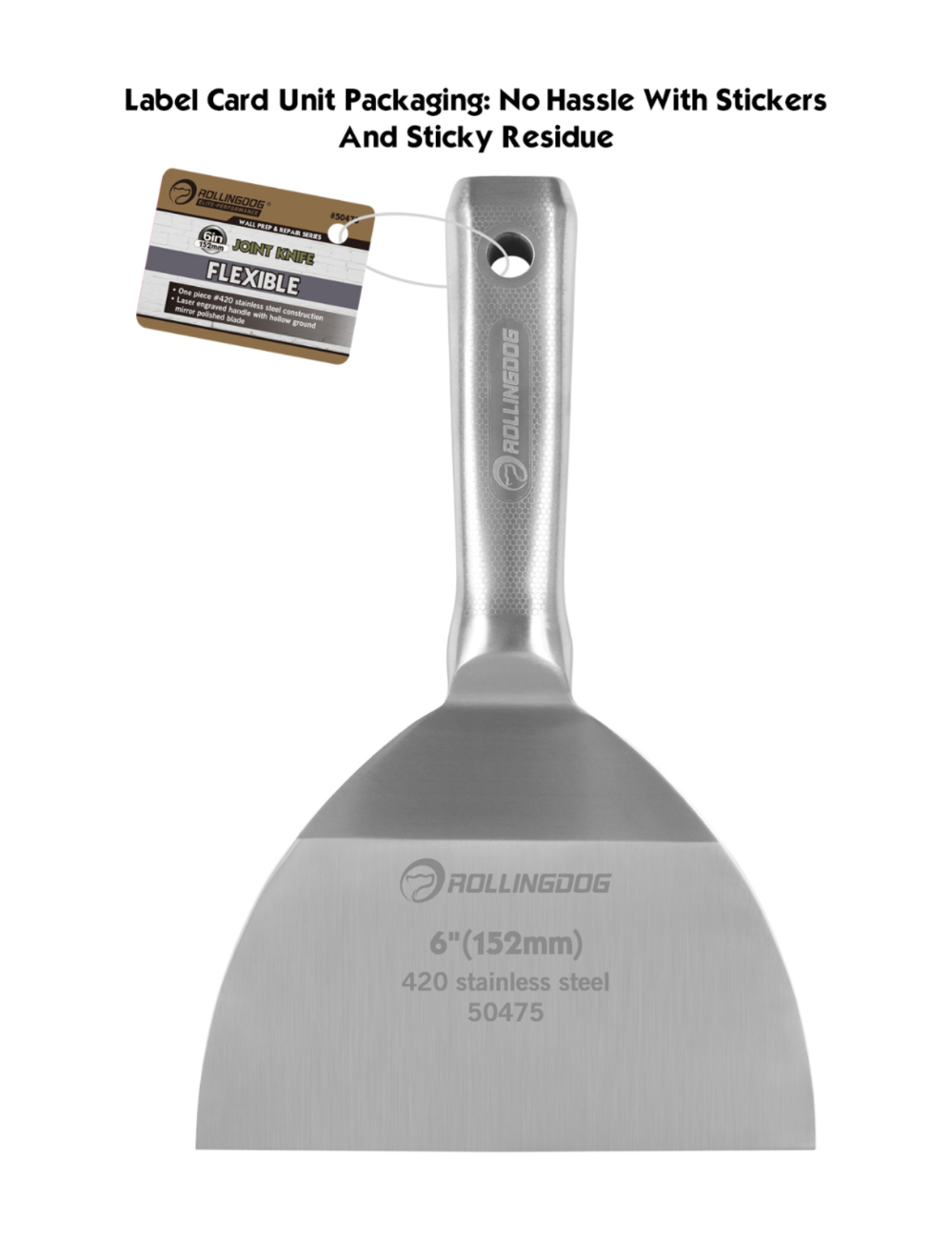 Gray putty knife with a label on a white background