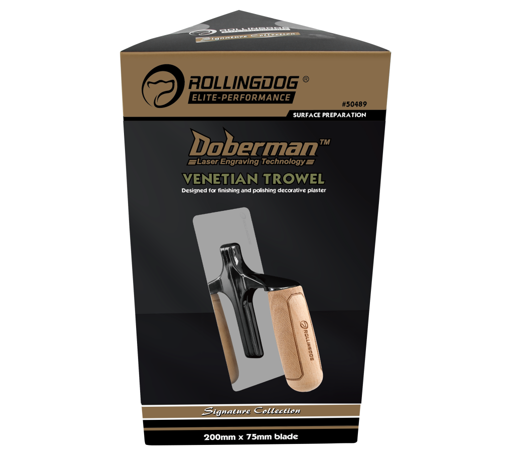 Doberman Venetian Trowel packaging with product image on a white background
