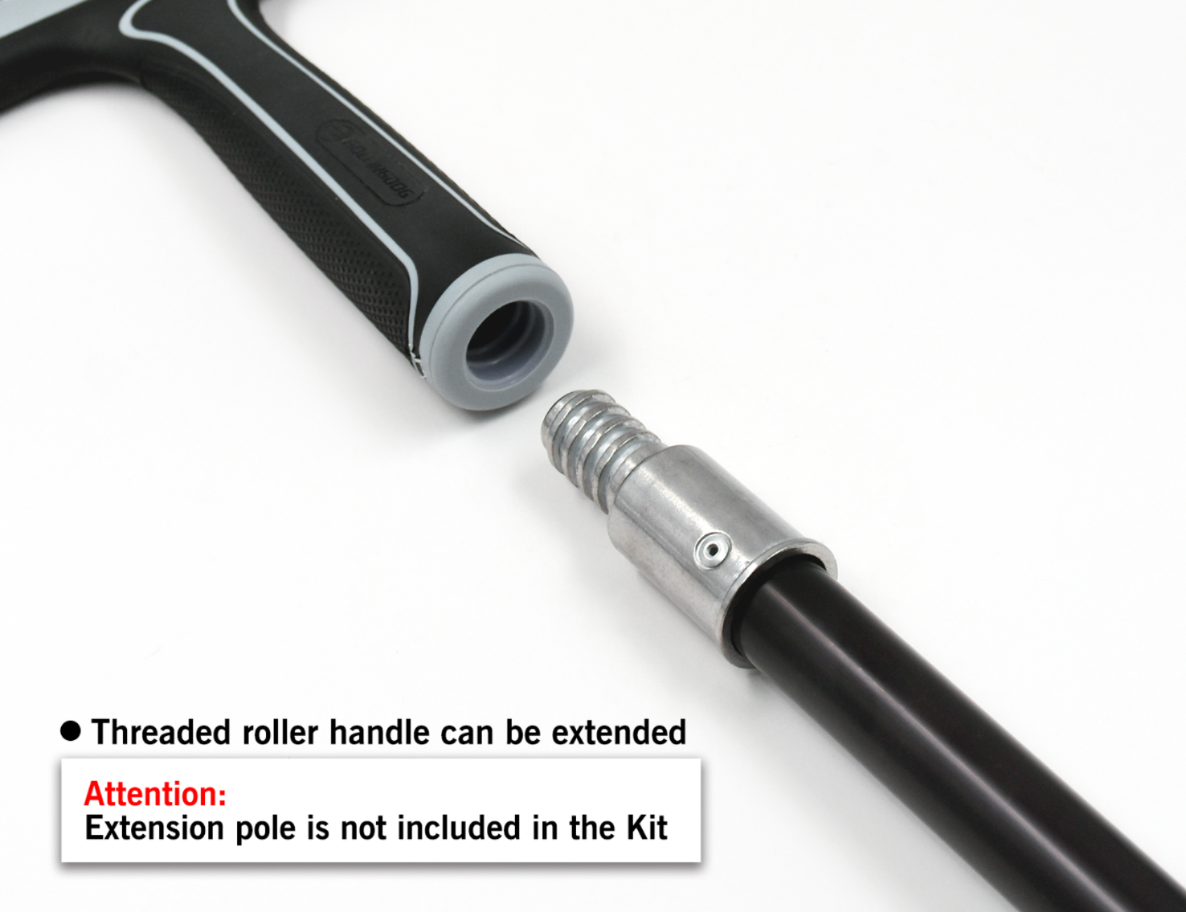 Threaded roller handle with extension pole on a white background