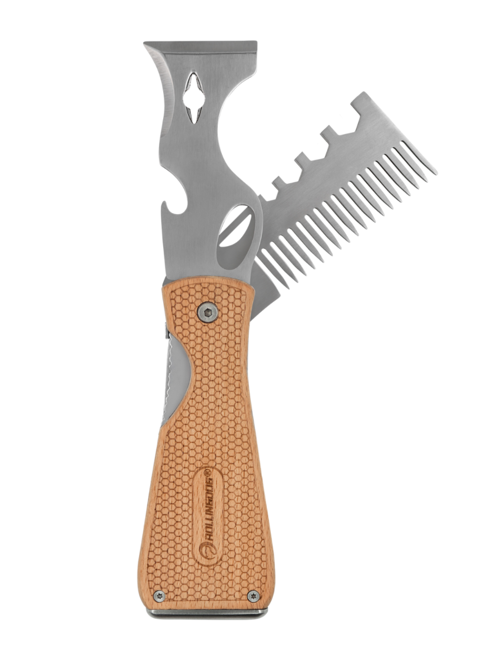 Multitool with knife blade, bottle opener, and comb on a white background