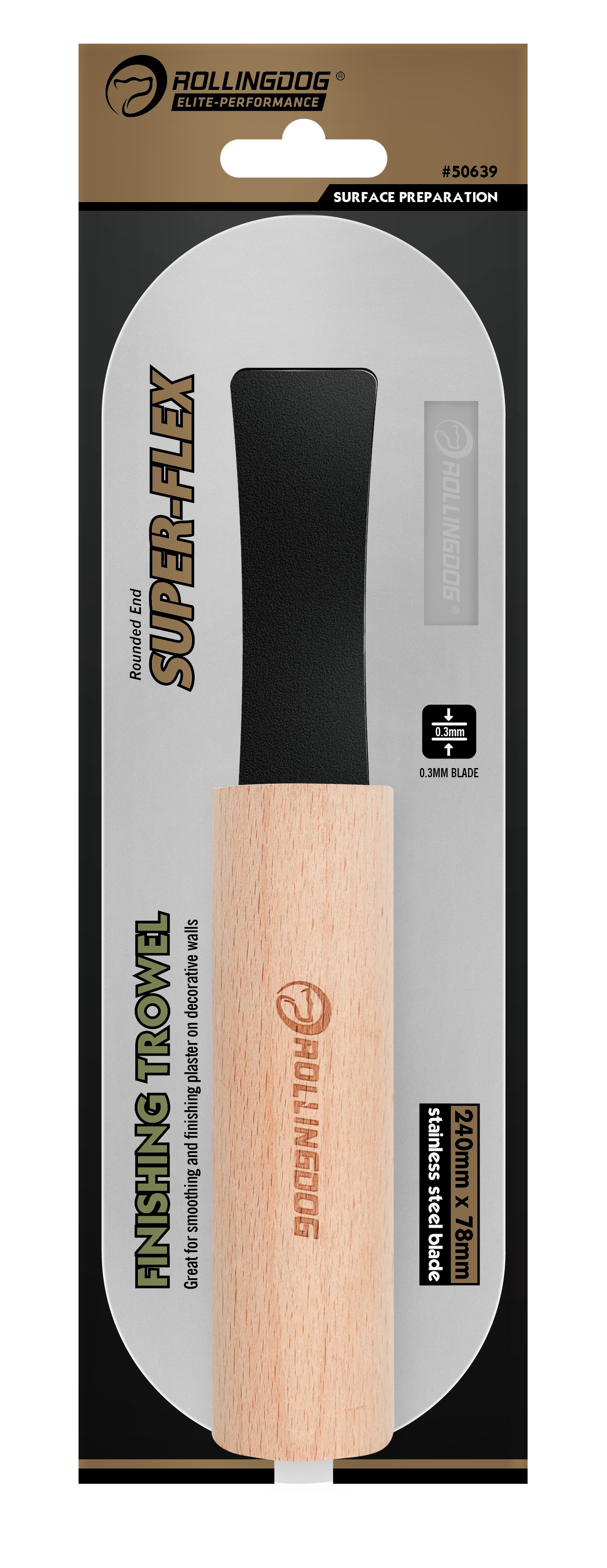 ROLLINGDOG USA SUPER-FLEX Finishing Trowel – 9.5" 301 Stainless Steel Blade (Multiple Options) | Detail View | Pro Tool Haus