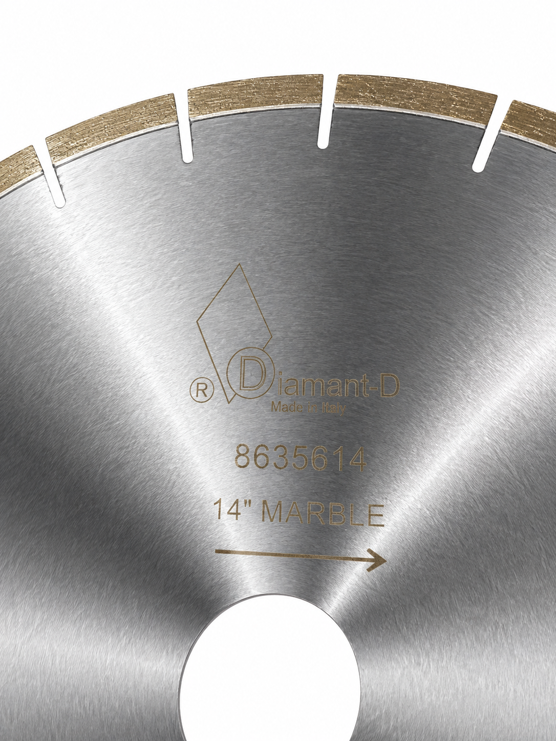 Close-up of a Diamant D circular diamond saw blade made of 14-inch diamond-cut marble, showing the brushed metallic silver surface with gold-colored diamond segments along the outer edge and laser-etched branding and specifications. 8635614