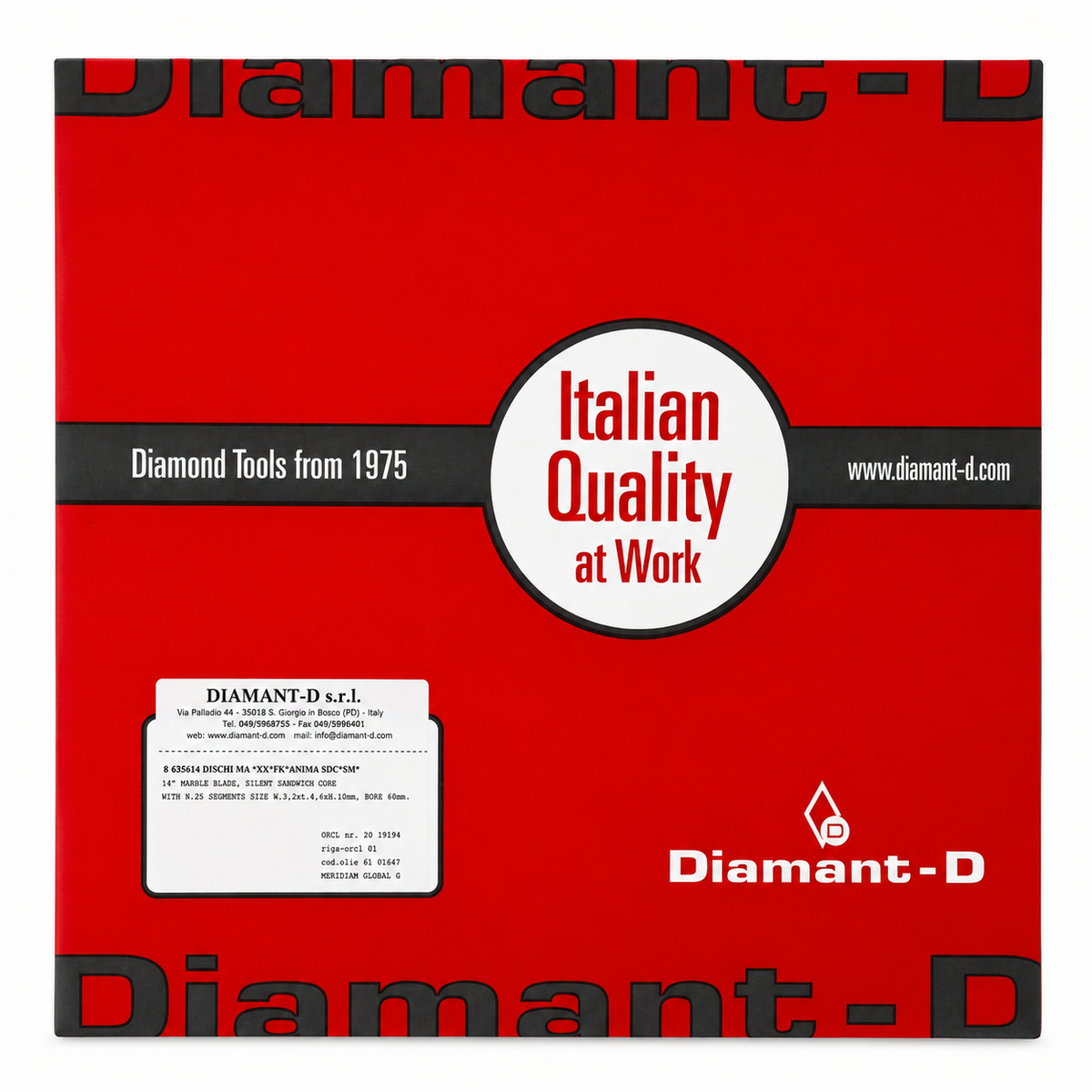A red square product box or packaging panel for Diamant-D Italian Quality at Work diamond tools, with black text bands, a white circular logo area, a small white label block, and the Diamant-D brand name and logo at the bottom.