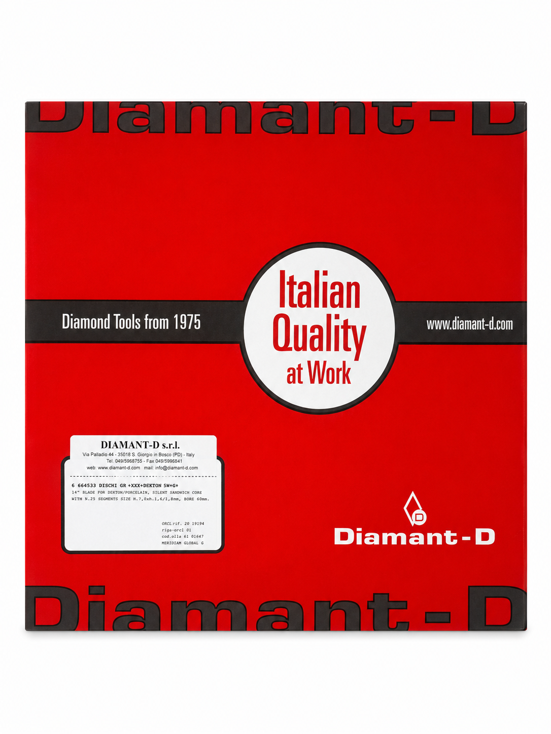 A red square product box or packaging insert for Diamant-D Italian Quality at Work, with black text bands, a white circular logo area, a small white label on the lower left, and the Diamant-D brand name and logo on a white background.