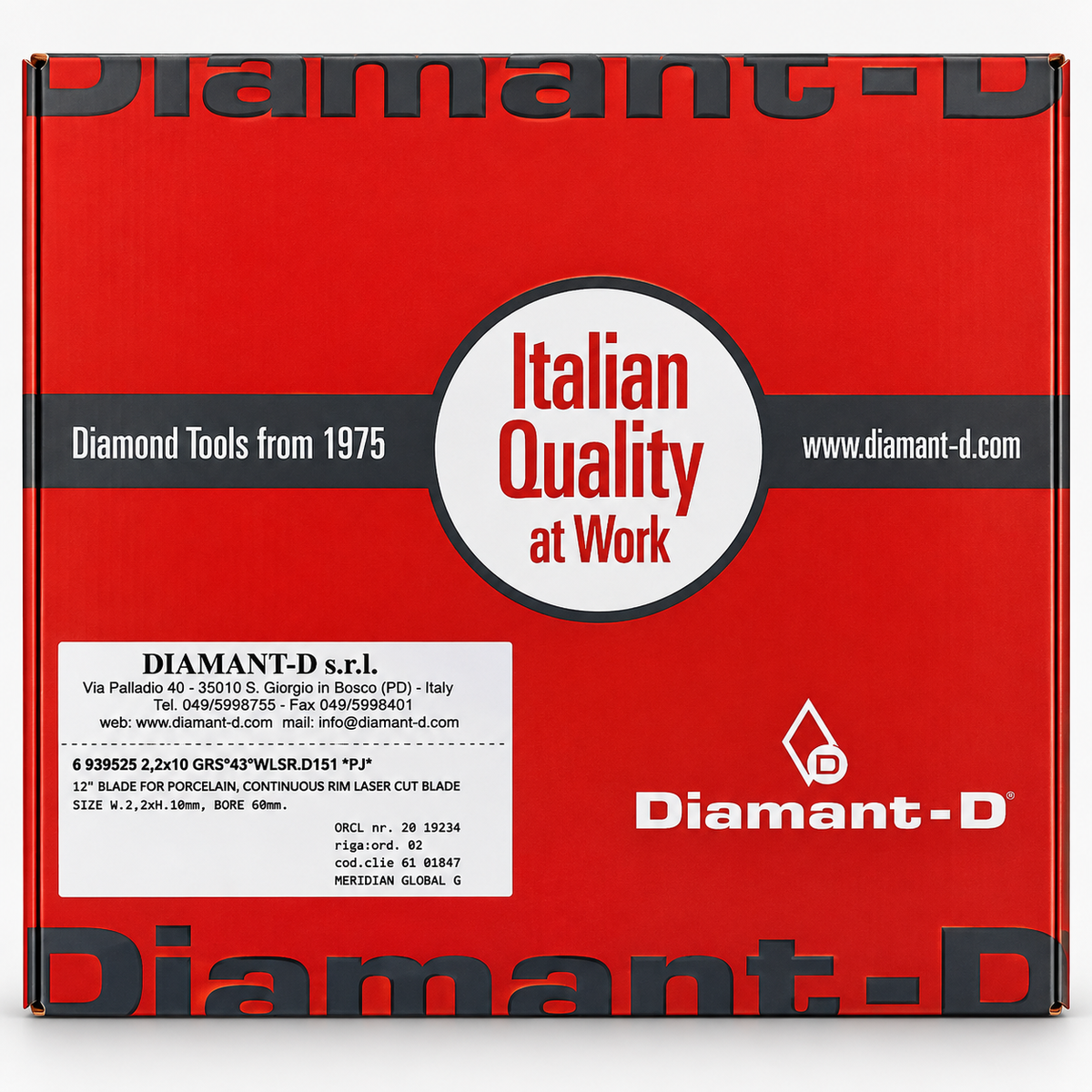 Diamant-D 12-inch continuous-rim porcelain diamond blade packaging
