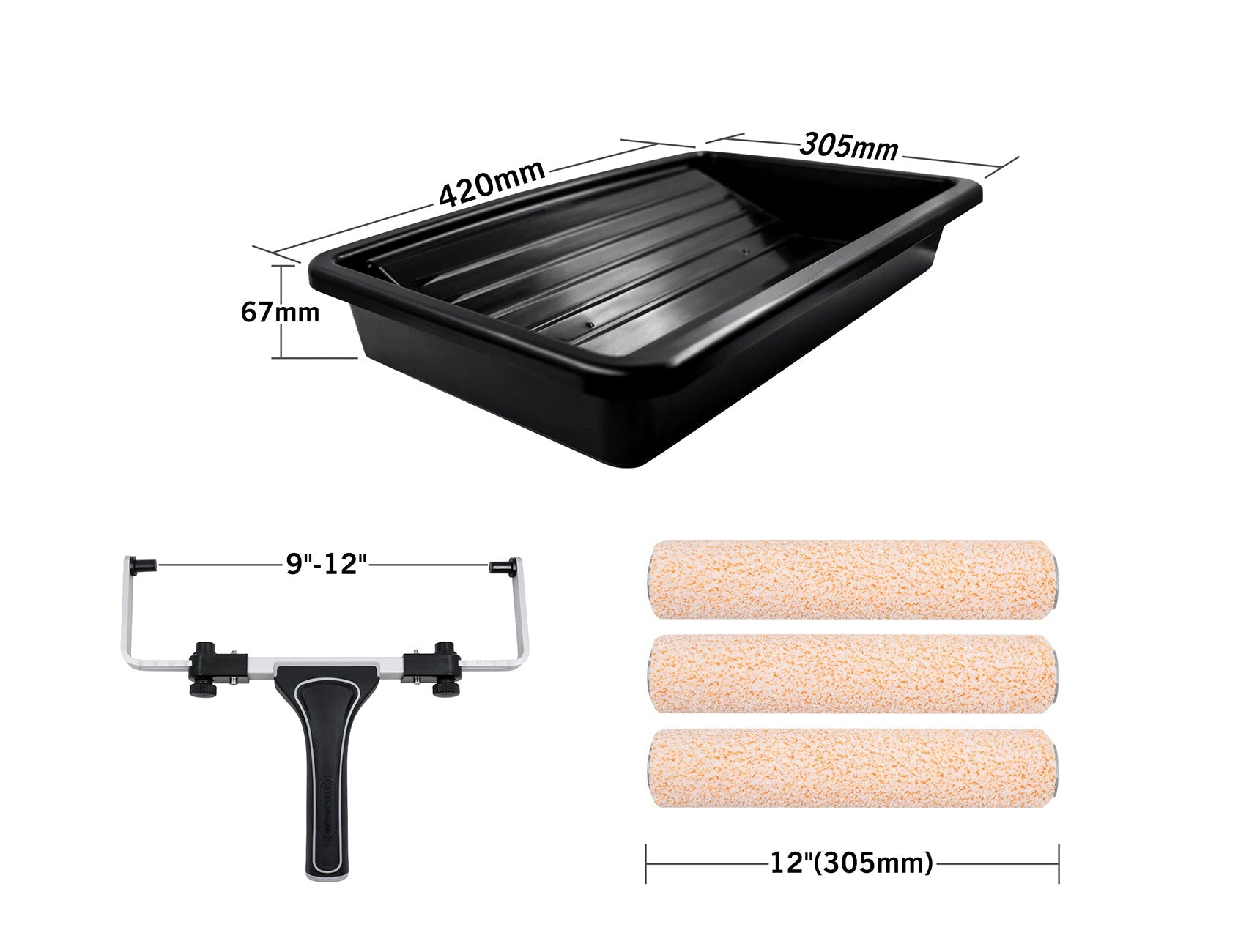 70004-dimensions for Adjustable 12 inch paint roller frame with aluminum handle
