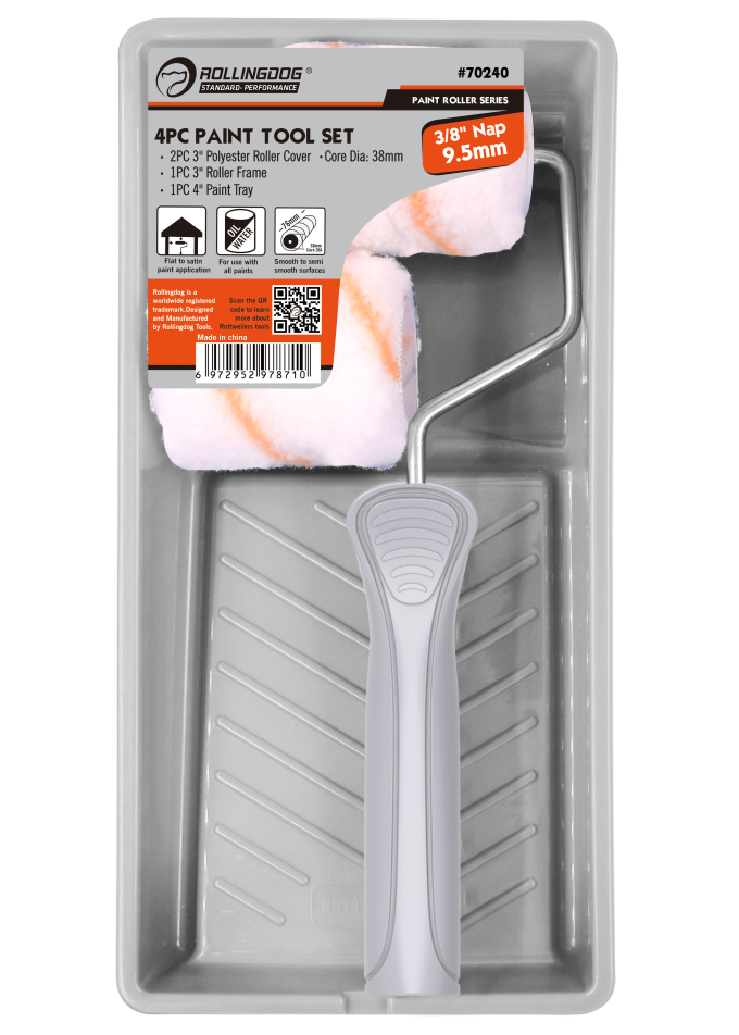 4 piece mini paint roller set with tray, frame, and two polyester roller covers