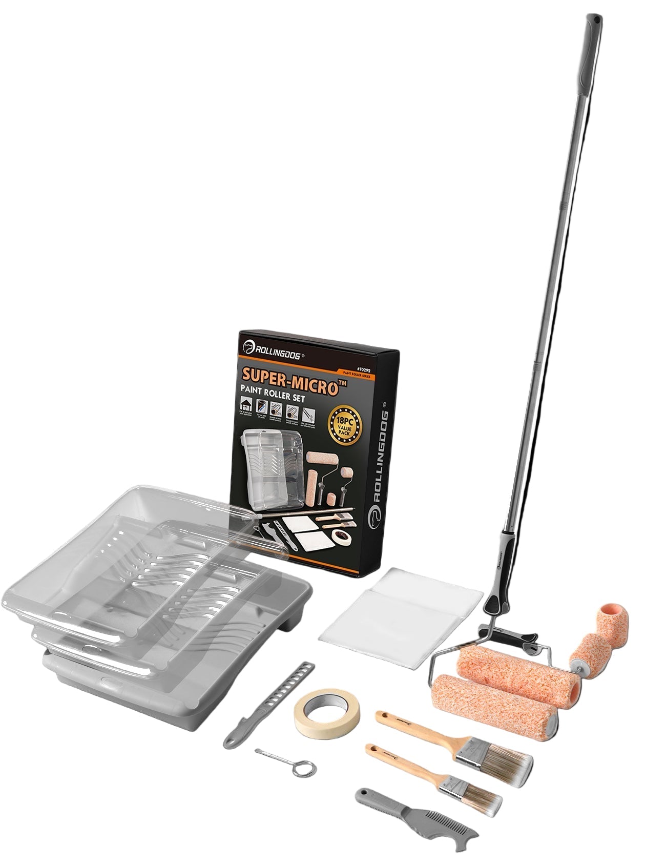 70292-SUPER-MICRO 18PC complete paint roller set with brushes, tray, and accessories