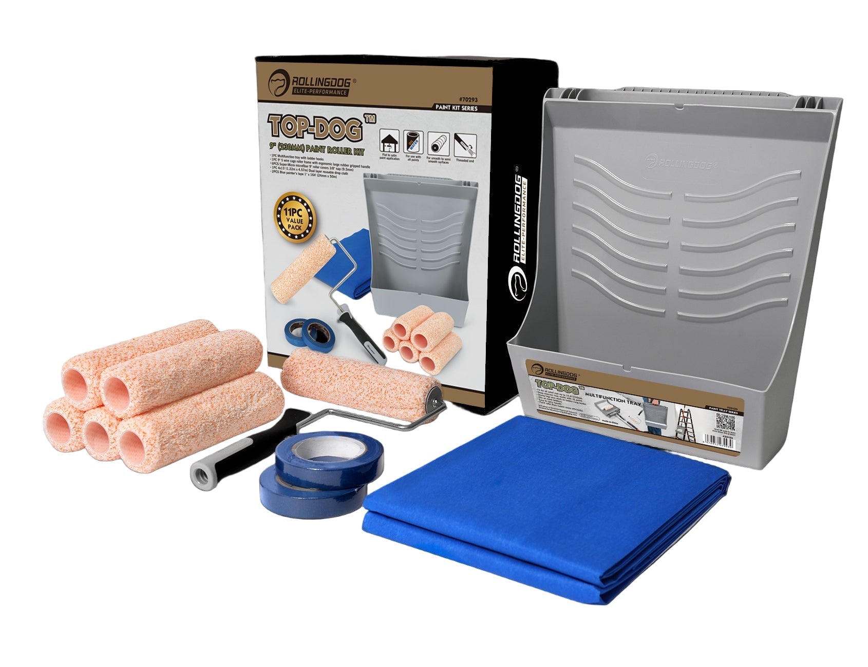 70293-19 inch 11 piece paint roller kit with tray, frame, roller covers, tape, and drop cloth