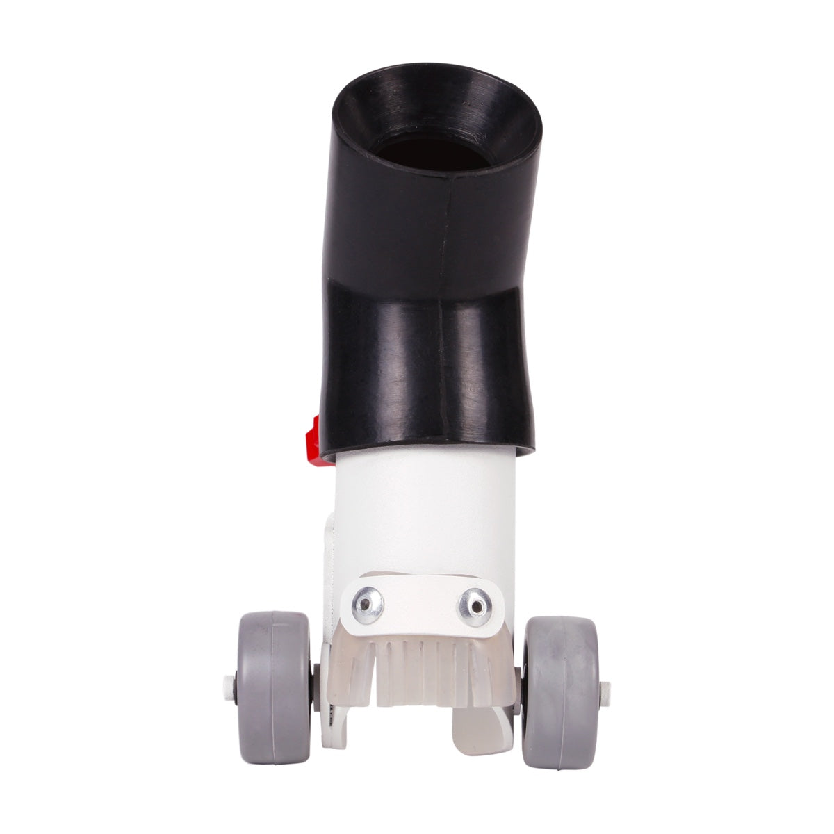 Black cylindrical object with wheels on a white background