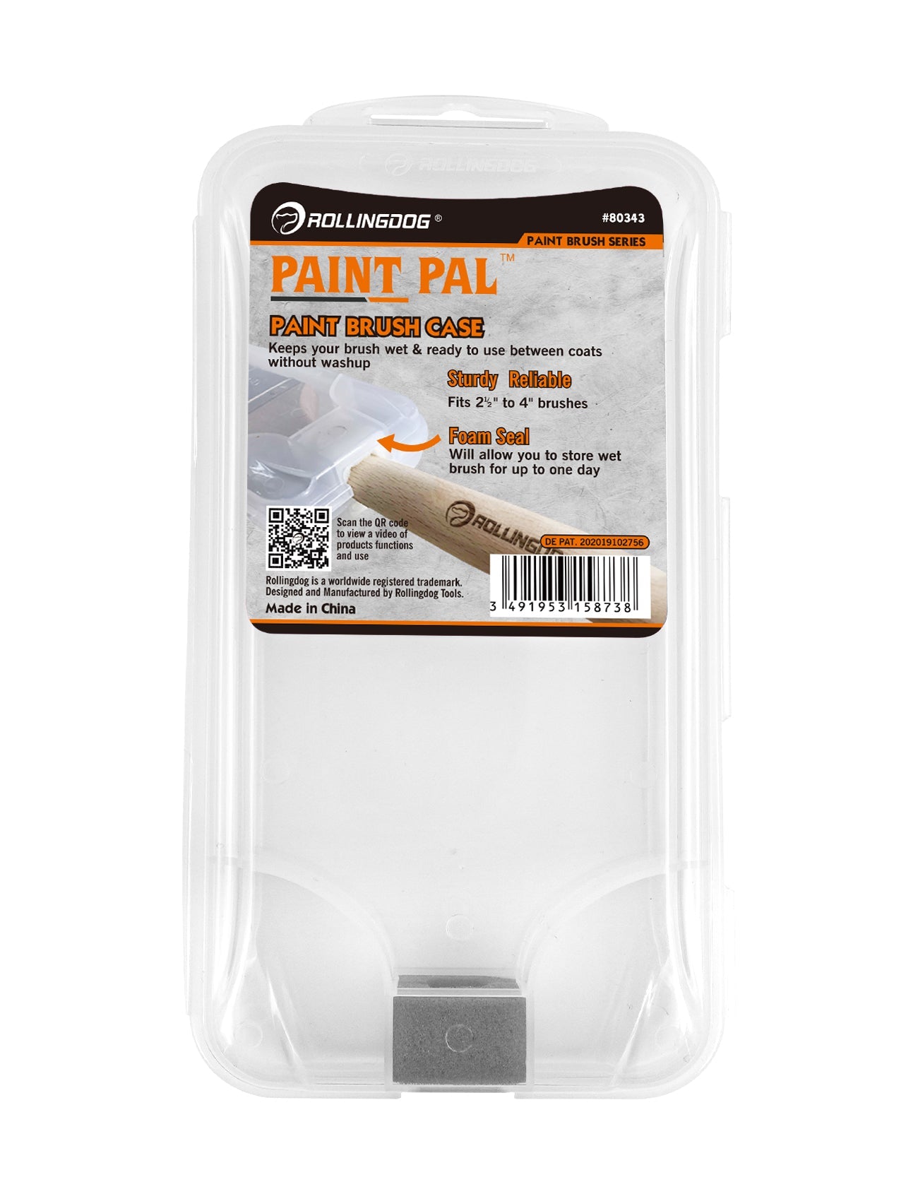 Paint brush case packaging with branding and product details on a white background