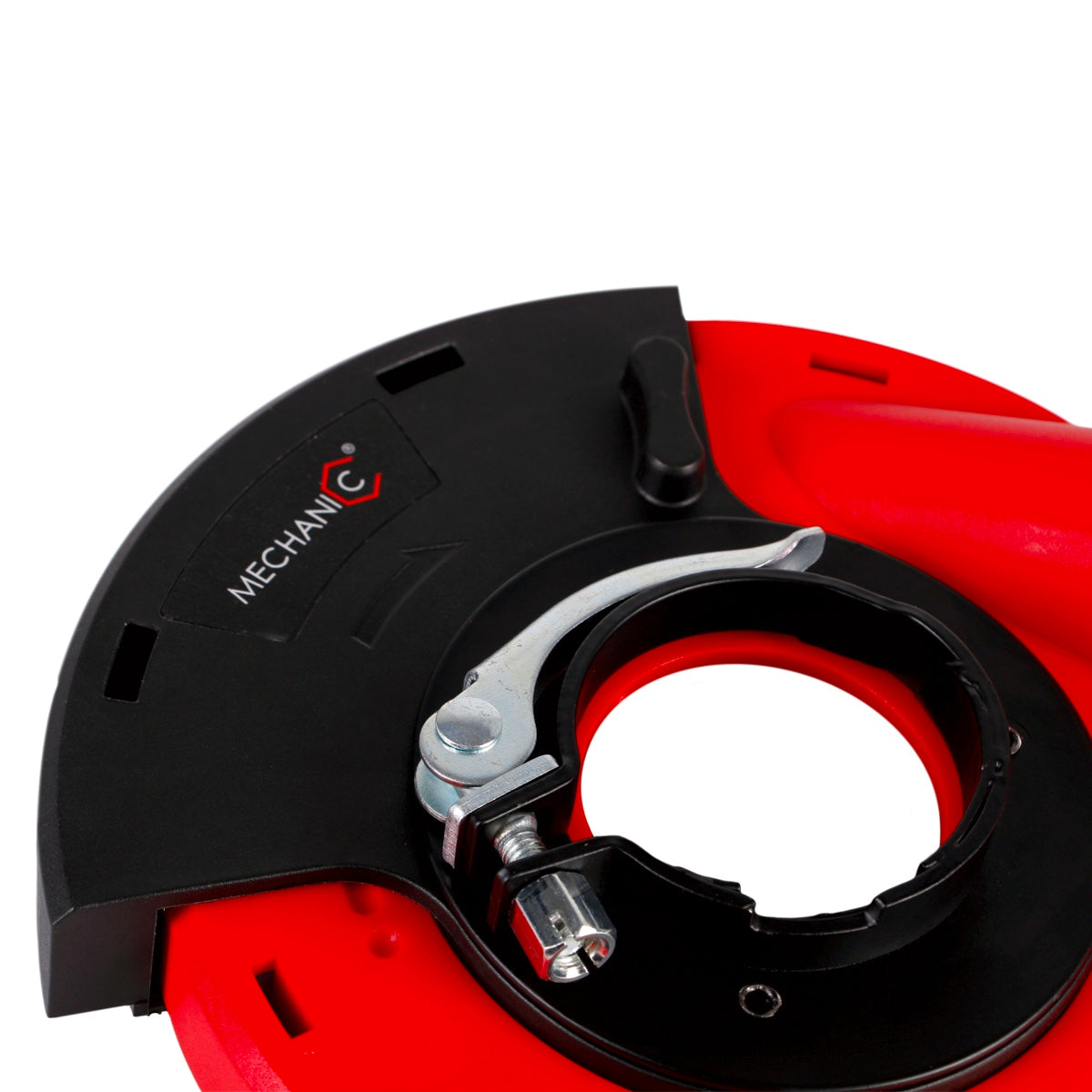 Close-up of a red and black mechanical device with 'Mechanic' branding on a white background