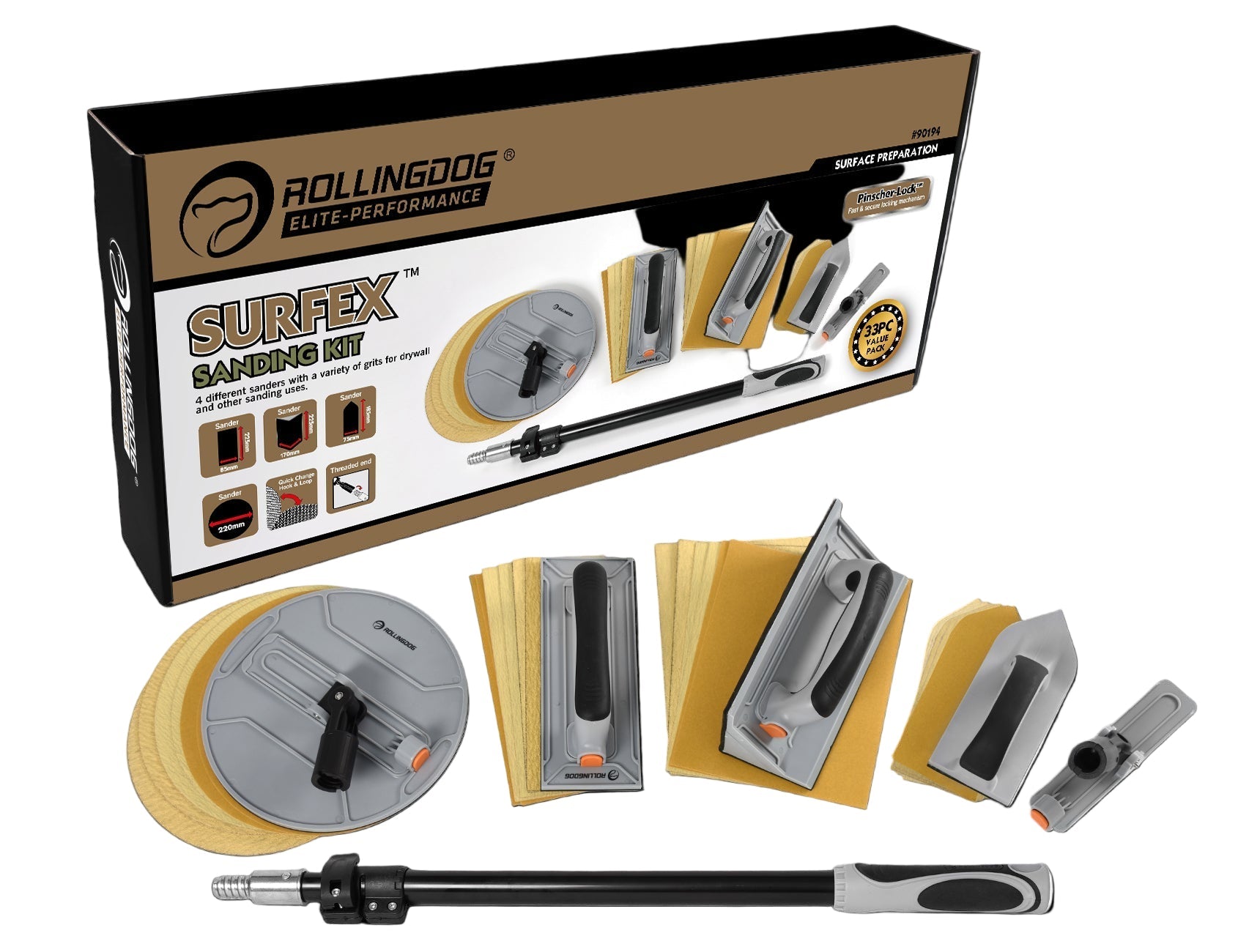 90194-SURFEX 33 piece wall sanding kit with multiple sanders and extension pole