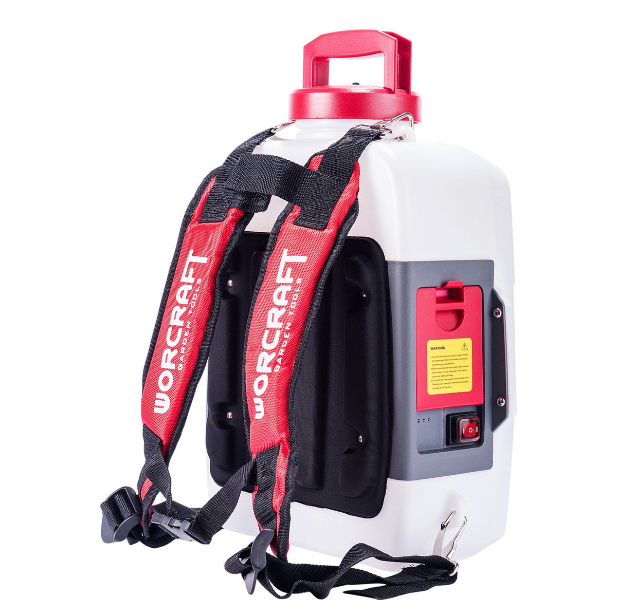 A white and red Worcraft backpack sprayer with black straps and a gray control panel, shown on a clean white background.