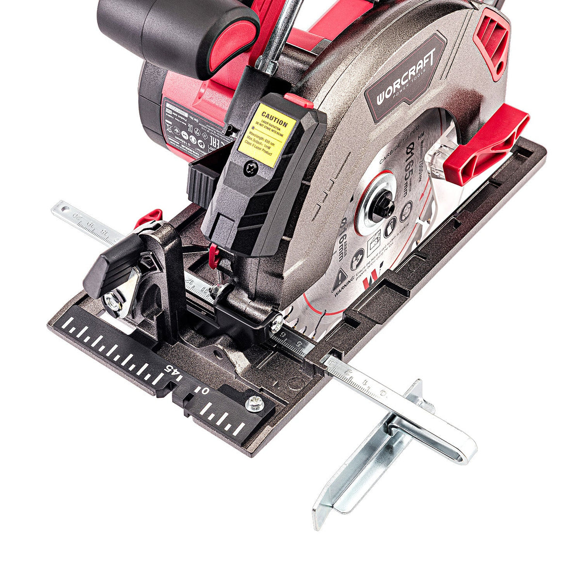 A cordless Worcraft circular saw with a guide rail attachment, featuring a gray and red body with a silver blade, shown on a clean white background.