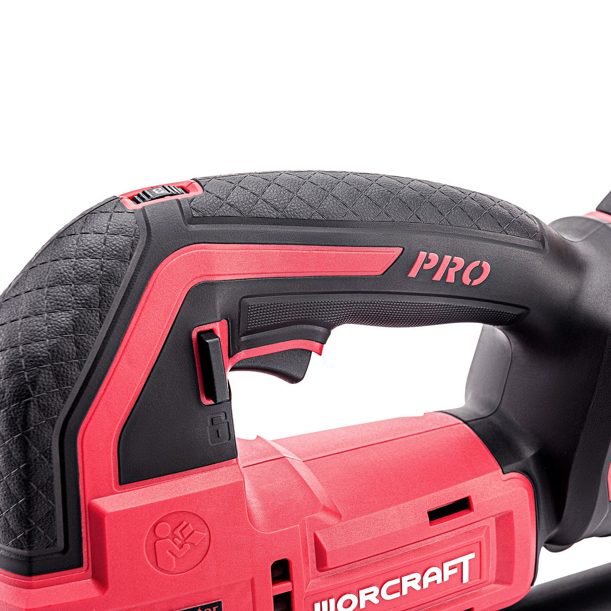 Close-up of a red and black cordless jigsaw body with the WORCRAFT PRO branding, showing the handle, trigger, and textured grip on a white background.