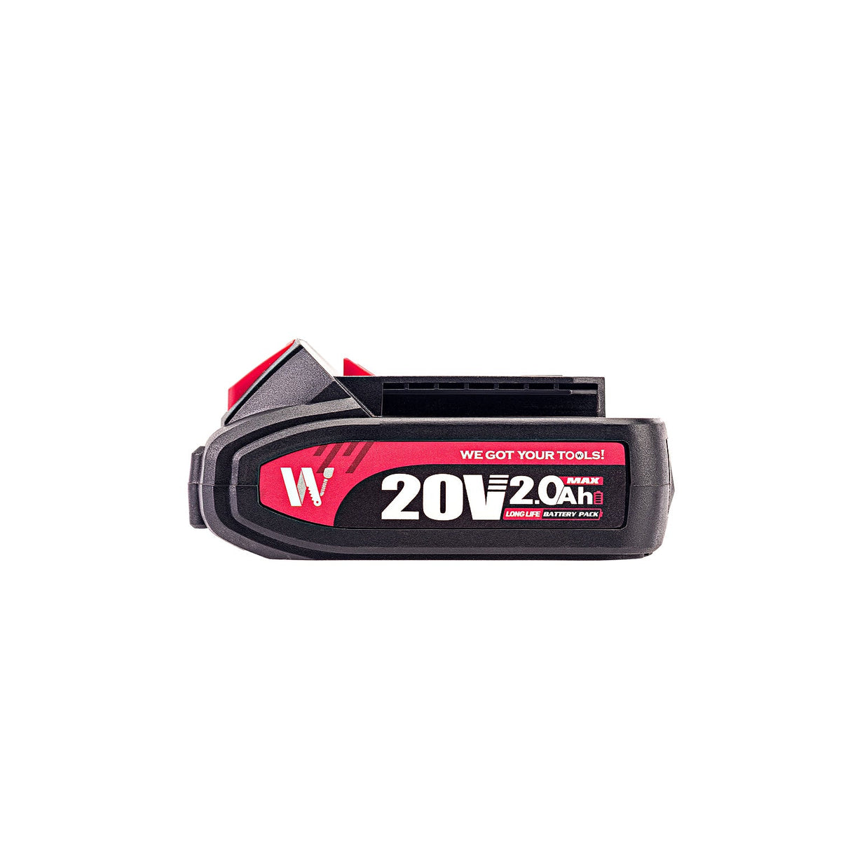 A 20V 2.0Ah cordless battery tool from Worcraft, featuring a black plastic body with a red and white label, shown on a plain white background.