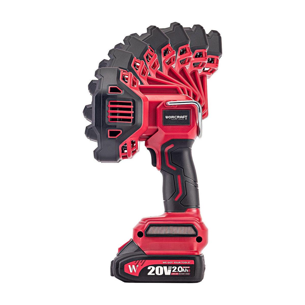A cordless drill driver with a multi-tool attachment head, shown from a side profile view. The tool features a red and black color scheme with the brand name 'WORcraft' visible on the attachment head and on the battery pack.