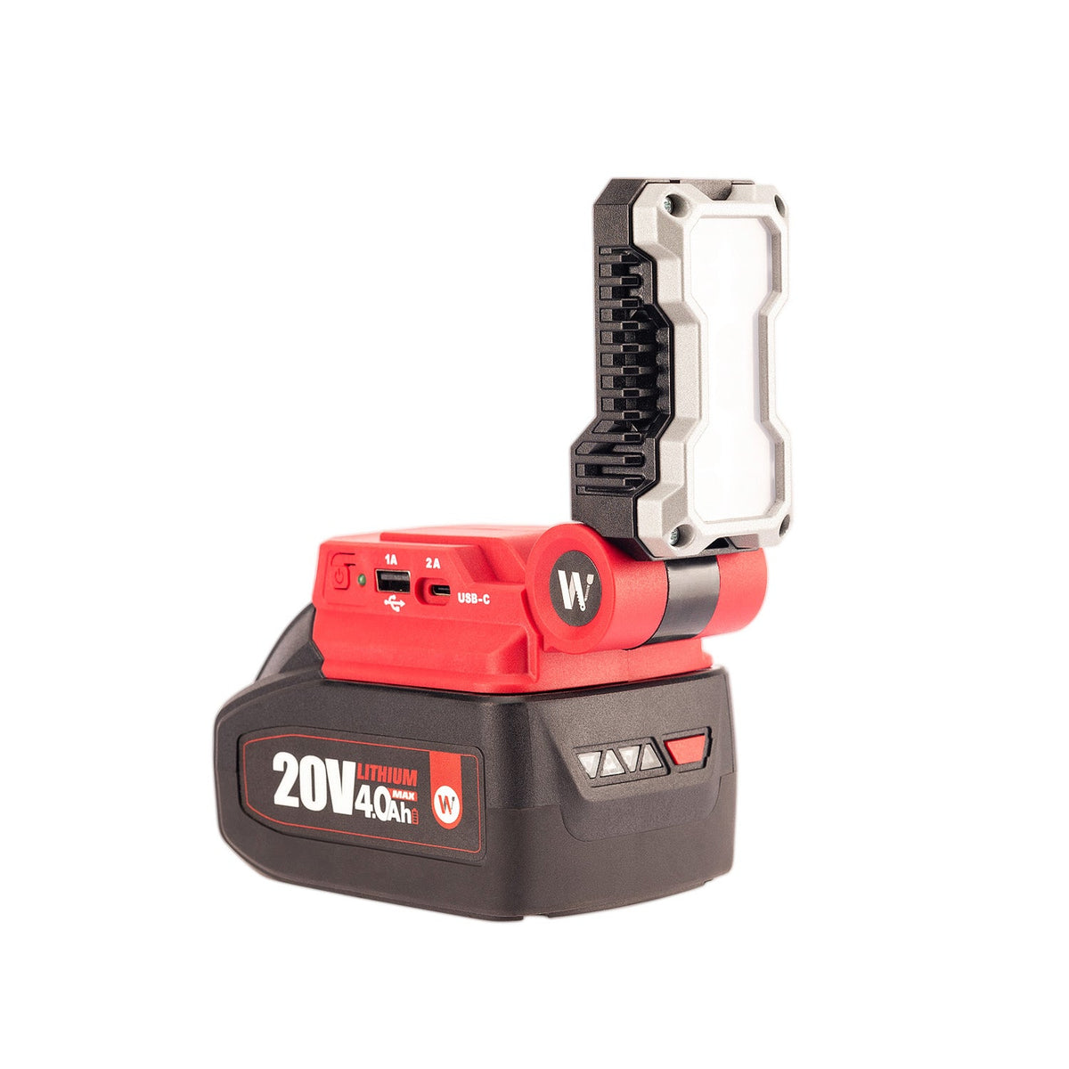 A cordless drill battery pack with an attached vertical light bar, shown on a solid white background. The battery is black with red accents and features the 'W' logo, and the light bar has a red handle, black grip, and a silver metal mounting bracket.