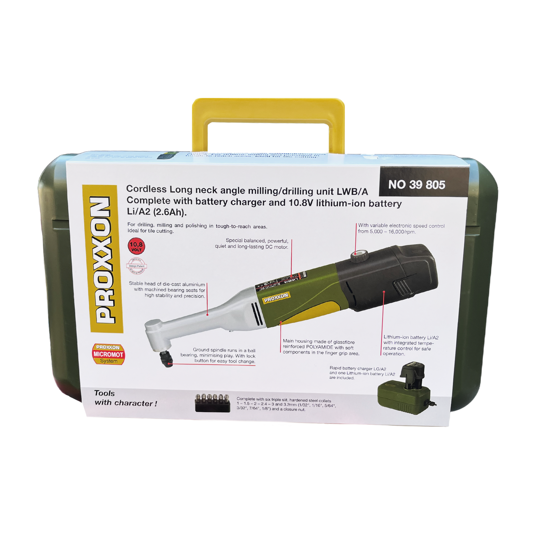 Proxxon tool packaging with green and yellow color scheme on a white background